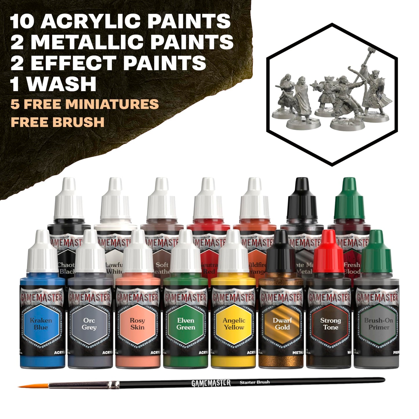 The Army Painter, GameMaster: Adventure Starter Role-playing Paint Set, 15 x 18ml Warpaints Fanatic Acrylic paints, incl. a Brush-On Primer, 5 FREE Miniatures & 1 Brush - For Warhammer & Dnd