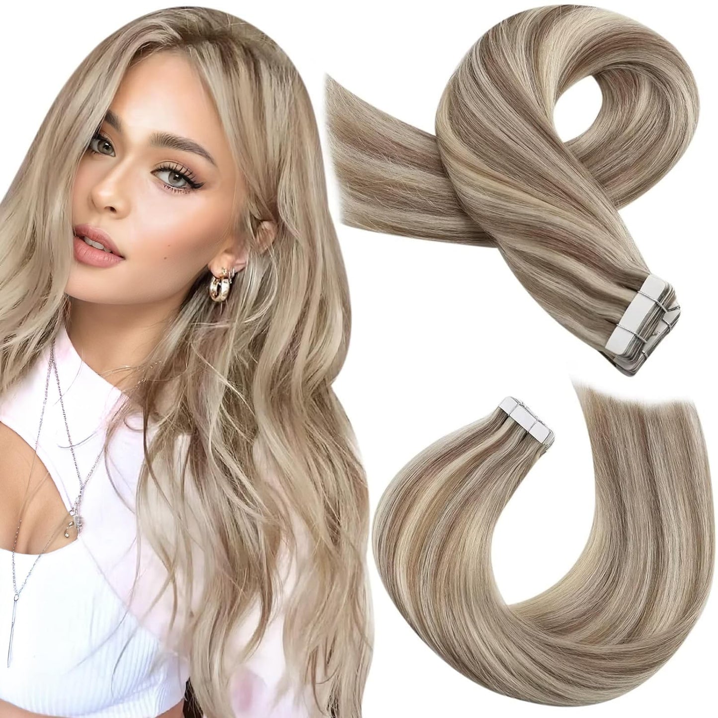 Moresoo Blonde Human Hair Tape in Extensions 20 Inch Light Brown with Blonde Highlights Tape in Hair Extensions Human Hair Skin Weft Tape on Hair Extensions Blonde 20 Pcs 50 Grams