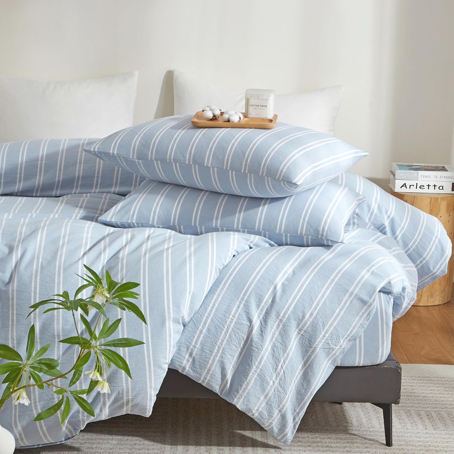 Duvet Cover Full Size Blue White Striped Duvet Cover Set Washed Cotton Linen Feel Chic Bedding Set for All Seasons Breathable Durable Textured (Wide Striped QLBT)