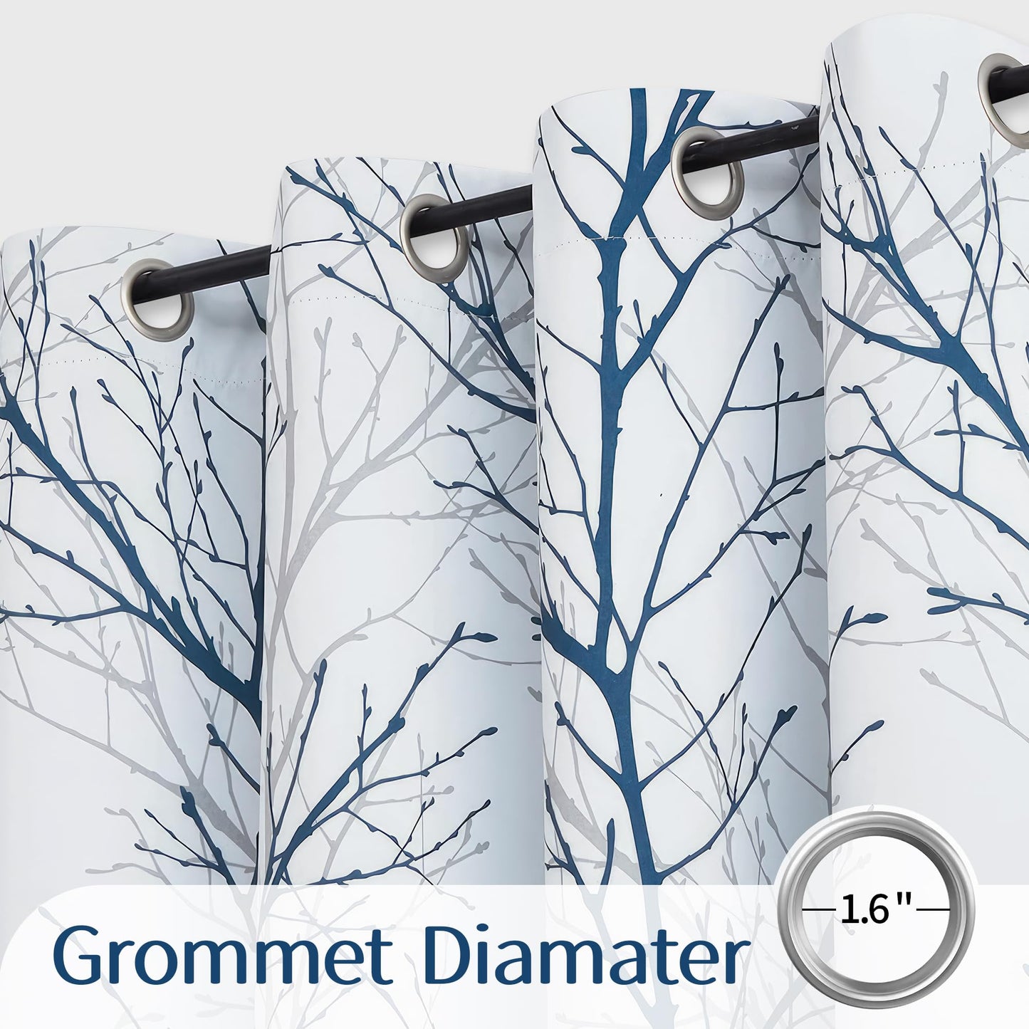 FMFUNCTEX 100% Blackout Curtains for Bedroom, Blue on White Curtains 84 Inches Long for Living Room, Tree Branch Pattern Print Curtain Panels, Thermal Insulated Drapes Grommet Window Curtains 2 Panels