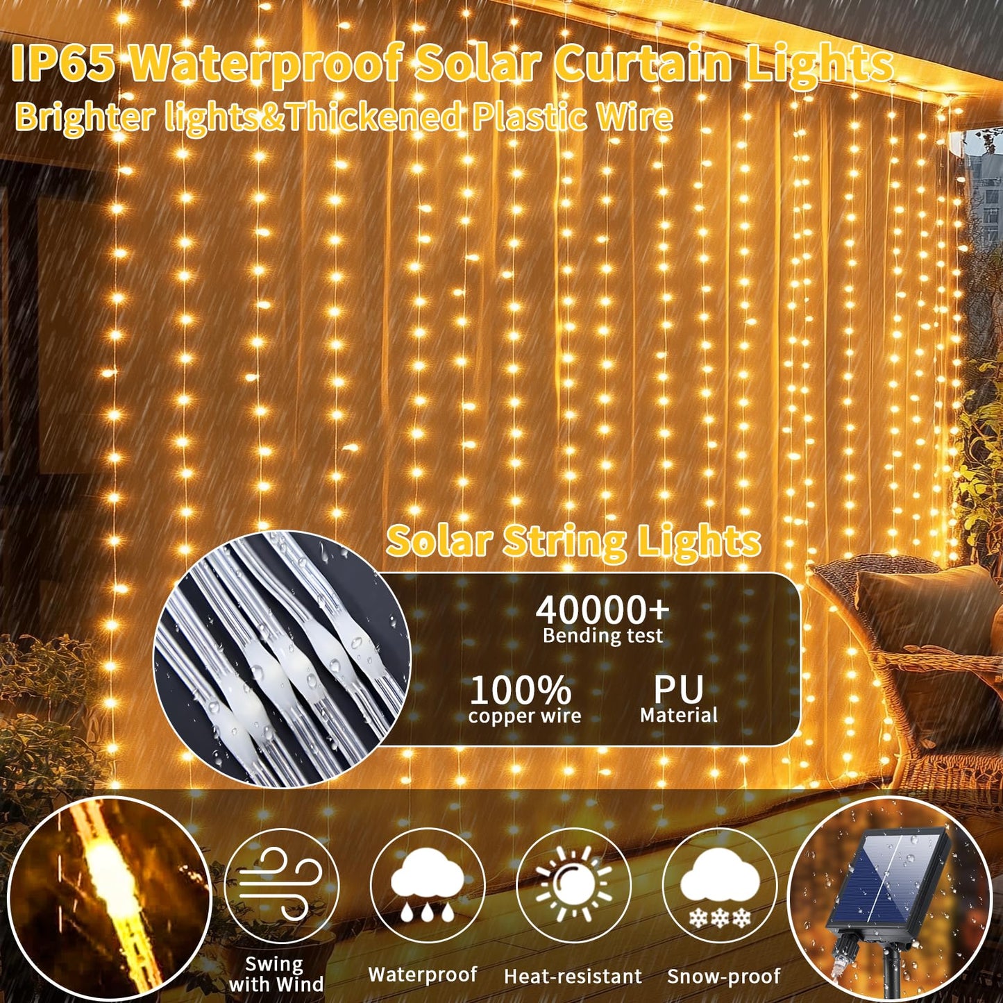 Adericher Solar Curtain Lights 10x10Ft 300LED Waterfall Lights with USB Rechargeable Waterproof Remote 8 Modes Timer Hanging Twinkle Fairy String Lights for Wedding Pergola Gazebo Bedroom Christmas