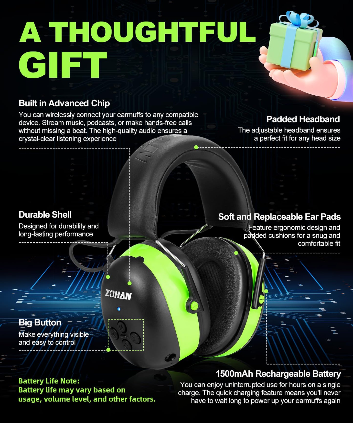 ZOHAN EM037 Bluetooth Hearing Protection,30dB SNR Noise Reduction Ear Protection with 1500mAh Rechargeable Battery,Headphones with 40H playtime for Mowing, Snowblowing, Construction,Workshops