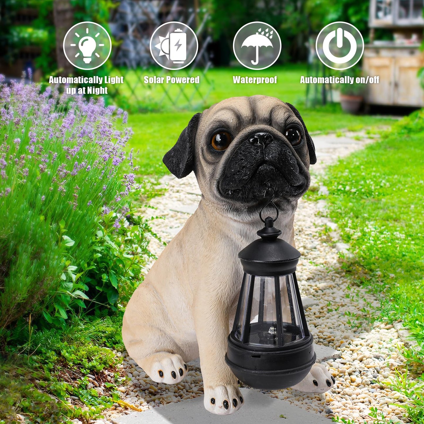 Garden Dog Statues Outdoor Decor, Solar Lights Outdoor Pug Figurines Solar Dog Ornaments for Patio, Lawn, Yard Art Decoration, Valentines Day Gifts, Housewarming Garden Gift