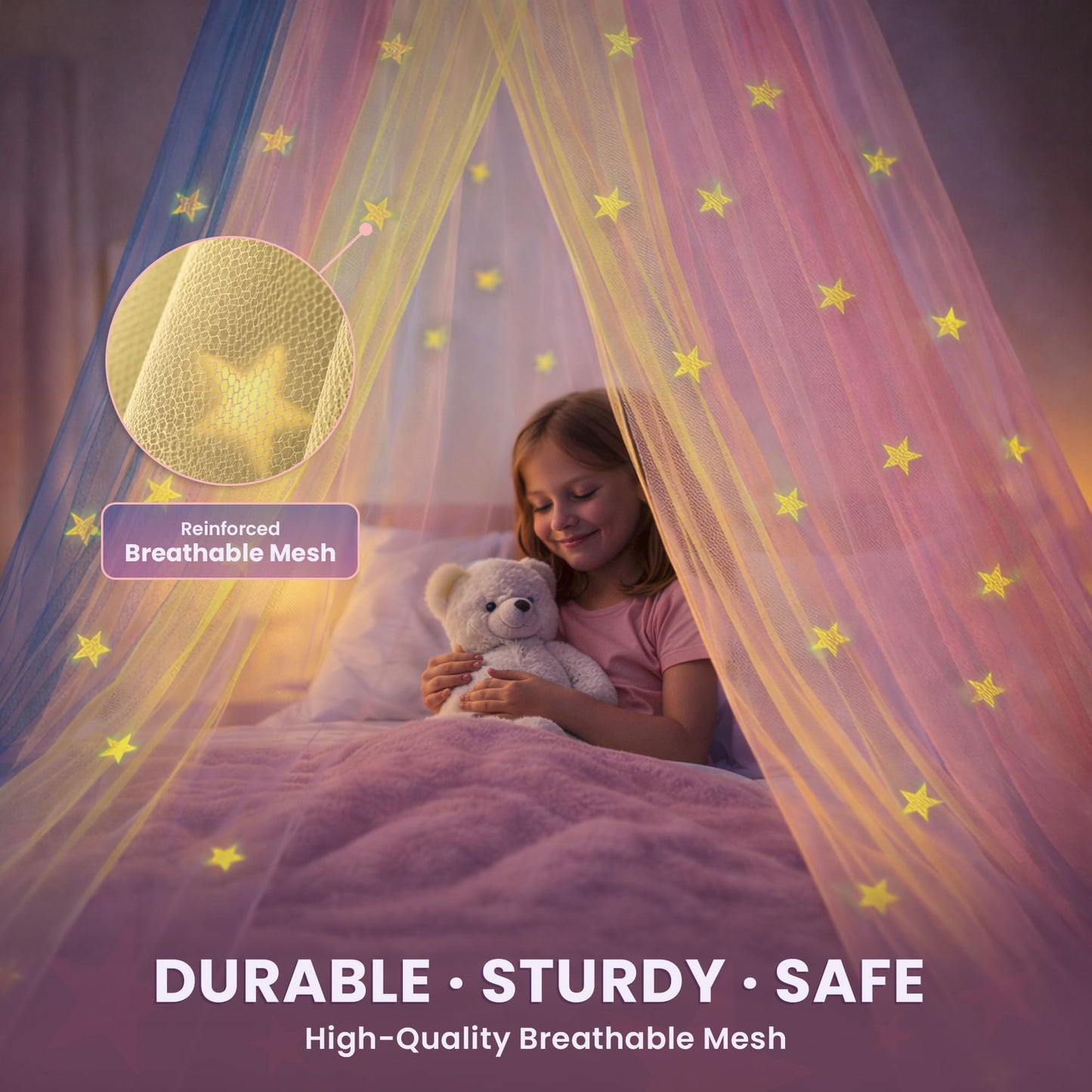 Bollepo Bed Canopy for Girls with Glowing Stars - Princess Rainbow Baby Canopy for Bed, Netting Room Decor, Ceiling Tent, Canopy for Crib | Single, Twin, Full, Queen Size Kids Bed