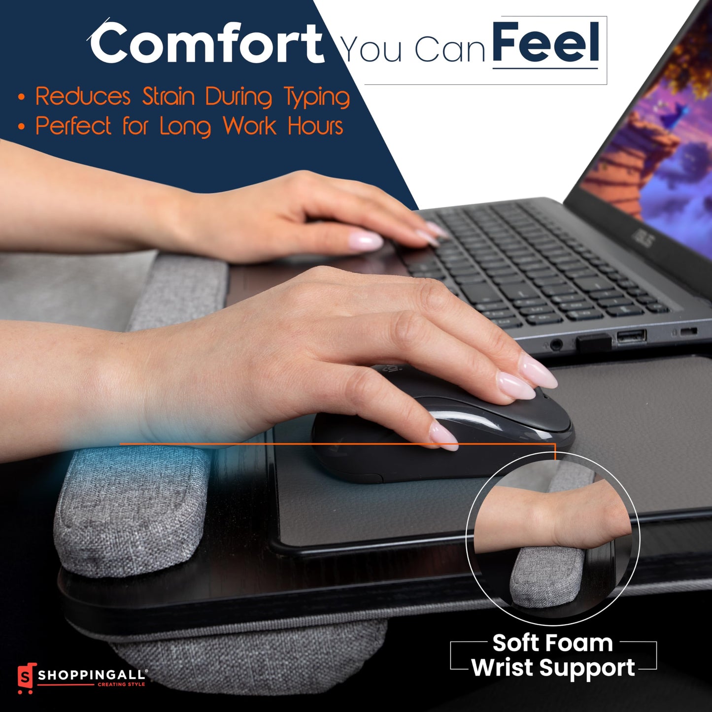 SHOPPINGALL Lap Desk Portable Laptop Stand Desk Fits up to 17" Laptop with Cushion Wrist Rest Mouse Pad, Tablet & Cellphone Holder for Sofa Couch & Bed, Home & Office Portable Desk - SA-BR182C-Black