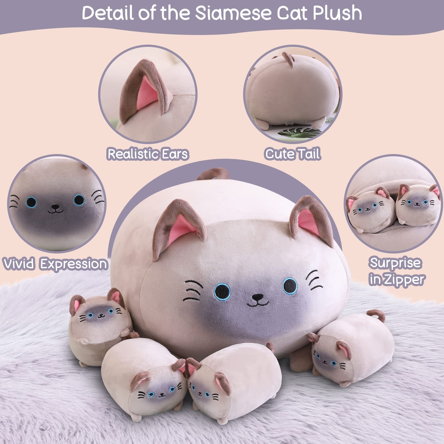 SQEQE Siamese Cat Plush, Cute Siamese Cat Stuffed Animals Mommy with 4 Squishy Kitties in Her Tummy, Soft Plushies Pillow Gifts for Kids
