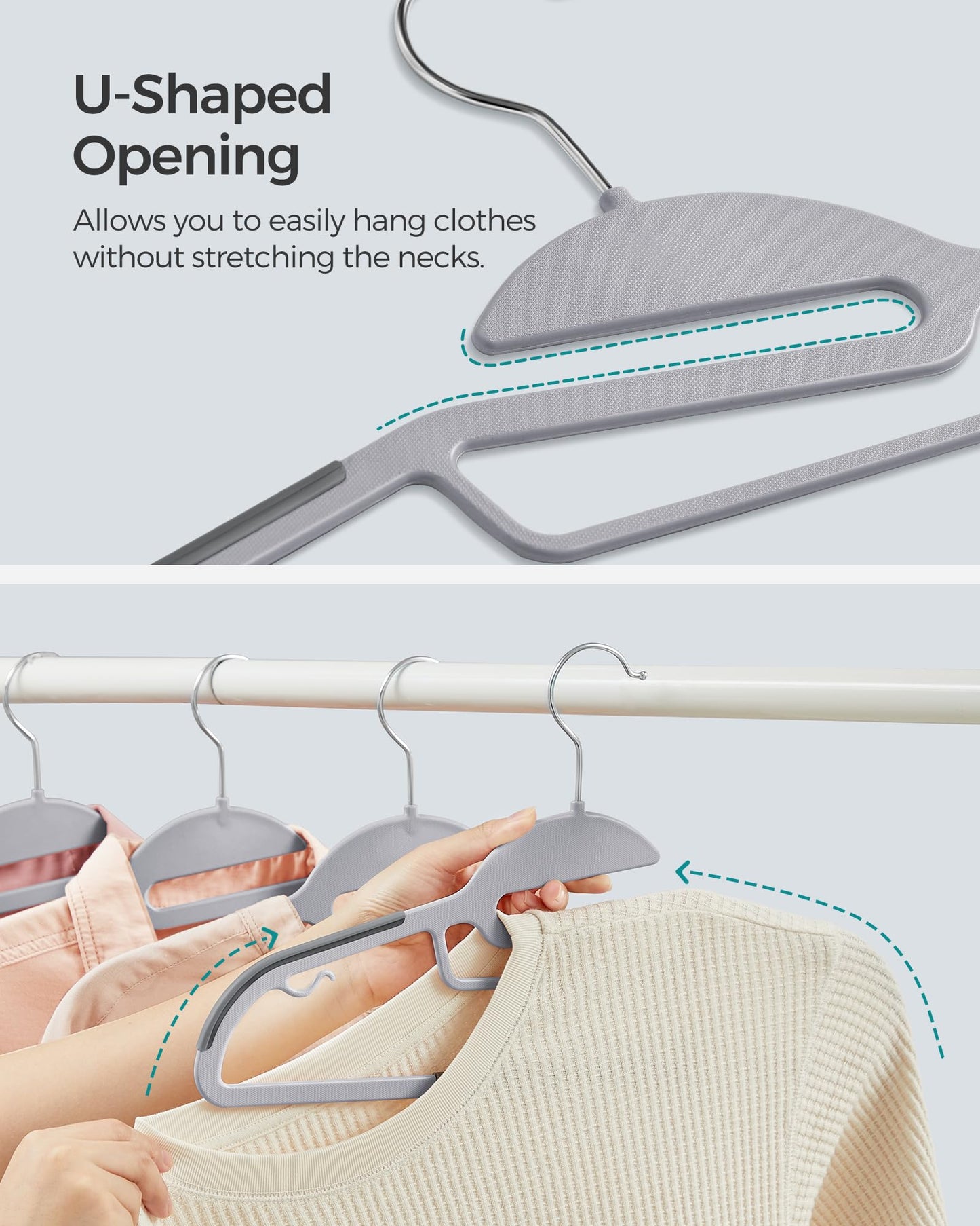 SONGMICS 50 Pack Coat Hangers, Heavy-Duty Plastic Suit Hangers, S-Shaped Opening, Non-Slip, Space-Saving, 360º Swivel Hook, 16.3 Inches Long, Light Gray and Dark Gray UCRP41G-50