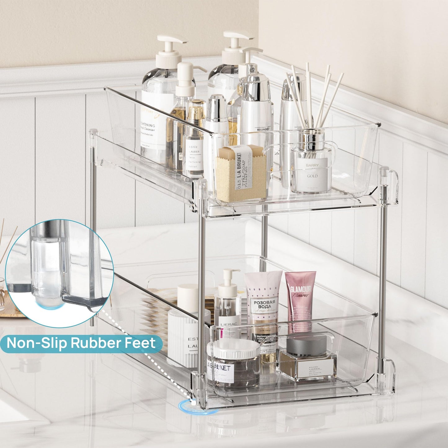 2 Tier Bathroom Storage Organizer, Vtopmart 2 Pack Clear Under Sink Organizers Vanity Counter Storage Container, Medicine Cabinet Drawers Bins, Pull-Out Organization with Track for Pantry, Kitchen