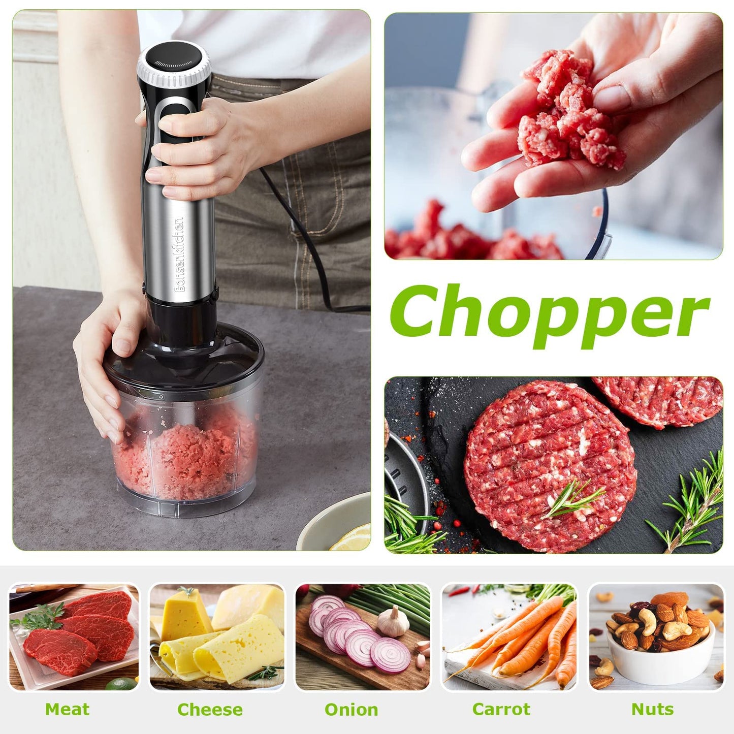 Bonsenkitchen 4-in-1 Immersion Blender Handheld, 20 Speeds Hand Blender with Turbo Mode, Stainless Steel Blade, Egg Whisk, Beaker & Chopper Bowl, Stick Mixer for Soup，Smoothie，Puree，Baby Food