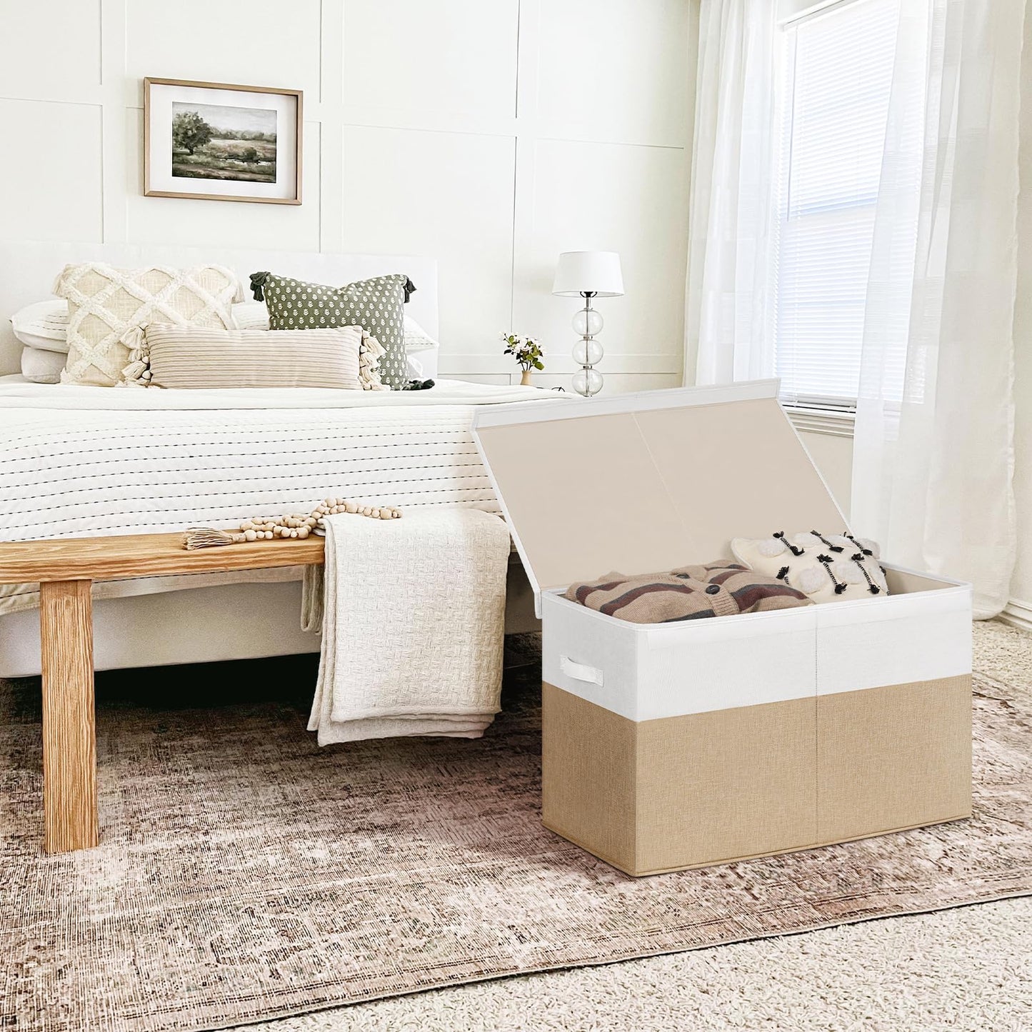 INDRESSME 25"x13"x16" Large Storage Box, Collapsible Bins with Lids, Chest for Living Room, Storage Baskets for Blankets, Books, Clothes (Beige & White)