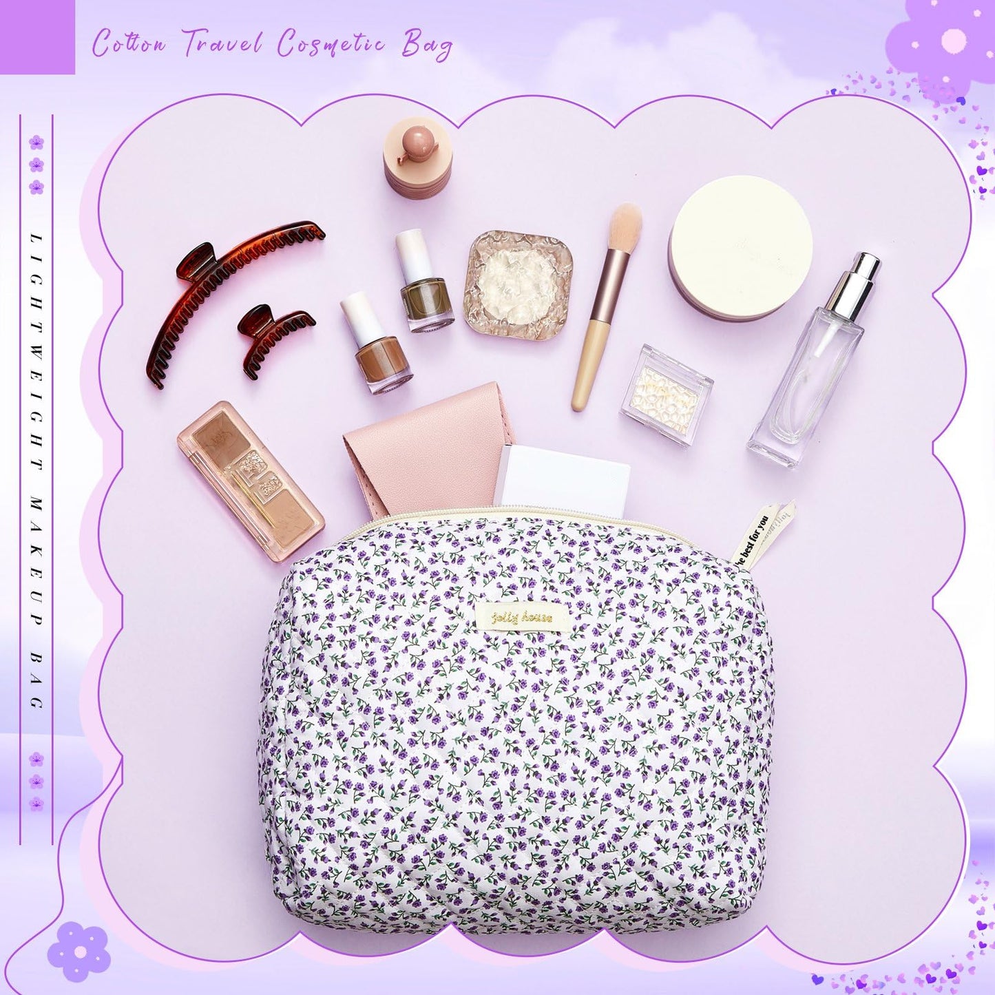 Zeyune 3 Pcs Makeup Bag Quilted Cosmetic Bags Large Floral Makeup Bag Set for Women Cotton Flower Travel Toiletry Storage Cute with Zipper for Women Mom Birthday Gift Home Bathroom(Flower)