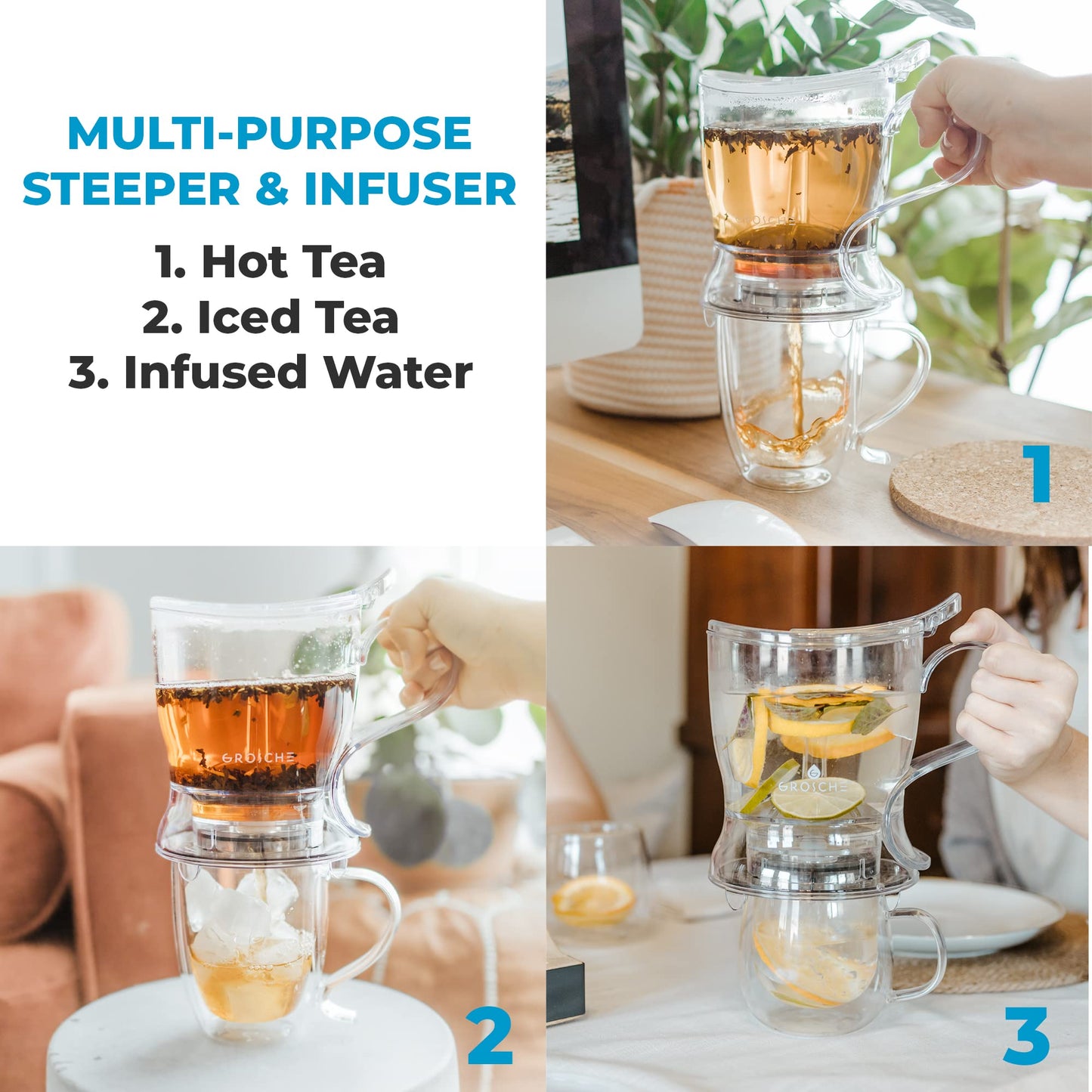 GROSCHE Aberdeen Tea Steeper with Coaster, Loose Leaf Tea Maker Strainer, Teapot, Tea Infuser, Pour Clean Steeper, Food Safe Tritan, BPA PFAS Free. Canadian Brand! 34 fl. oz 1000mL Capacity, Clear