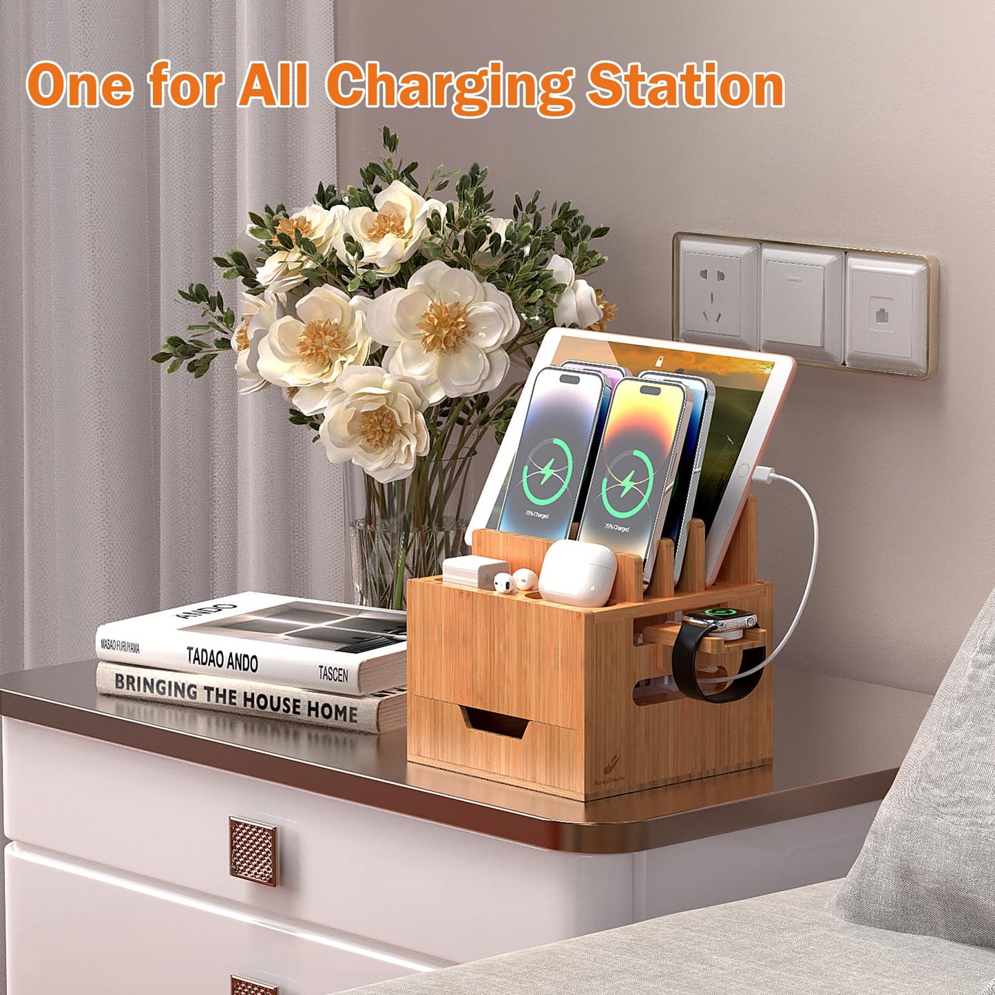 Pezin & Hulin Multi Device Charging Station, with Charger HUB Adapter, All in One Large Dock Organizer Drawer Storage, Compatible with Phones, Tablets, Earbuds (5 Mixed Cables Included)