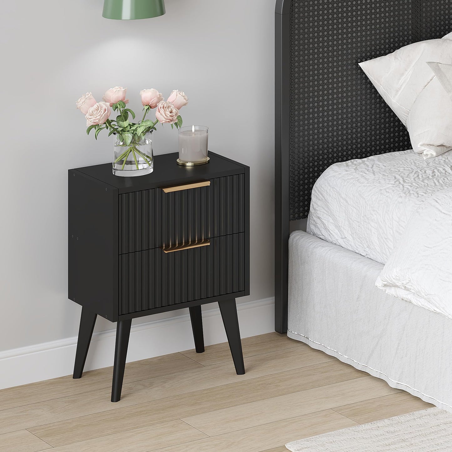 YAUKOMEL Small Night Stand,Bedside Table,Black Nightstand with 2 Storage Drawers,Fluted Side Table with Solid Wood Legs,Mid Century End Table for Living Room,Bedroom,Small Space,Black CAACTG55BK