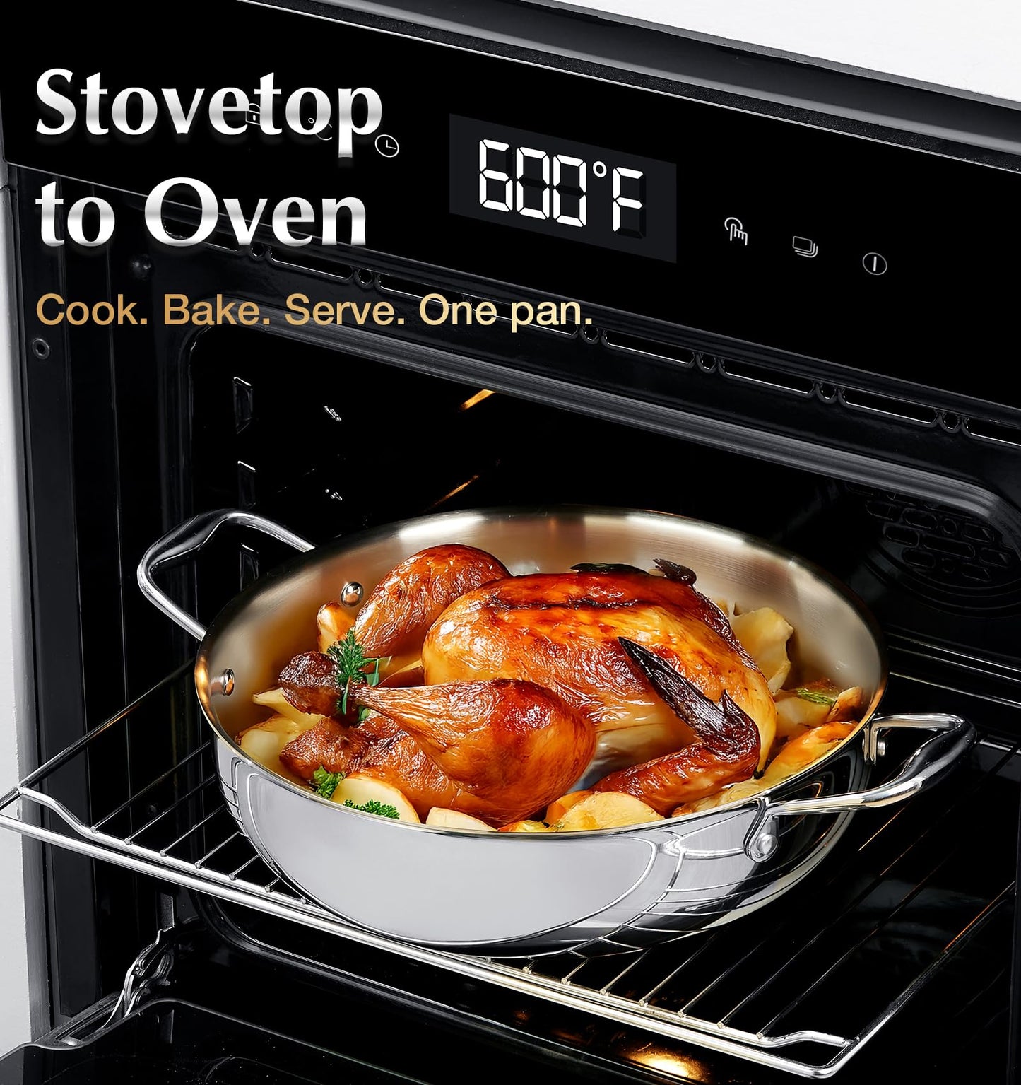 KOCH SYSTEME CS Tri-Ply Stainless Steel Saute Pan, 18/10 Stainless Steel Deep Frying Pan with Lid, Large Skillet with Double Handles, Induction Compatible, Oven Safe, Non Toxic, 6 Quart/12 Inch