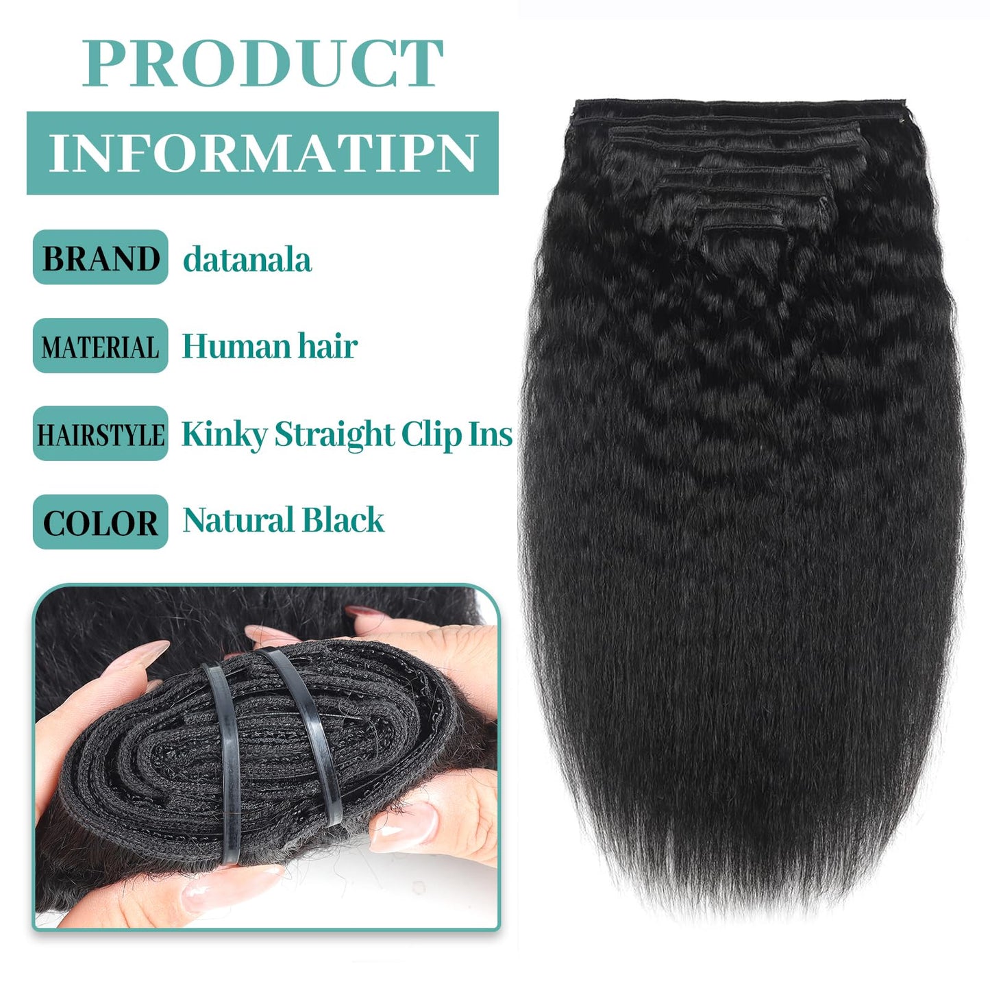 Brazilian Virgin Kinky Straight Clip in Hair Extensions 8Pcs/lot 120g With 18 Clips Yaki Straight Clip in Hair Extension Real Human Hair Natural Black Color For Black Women (16Inch)