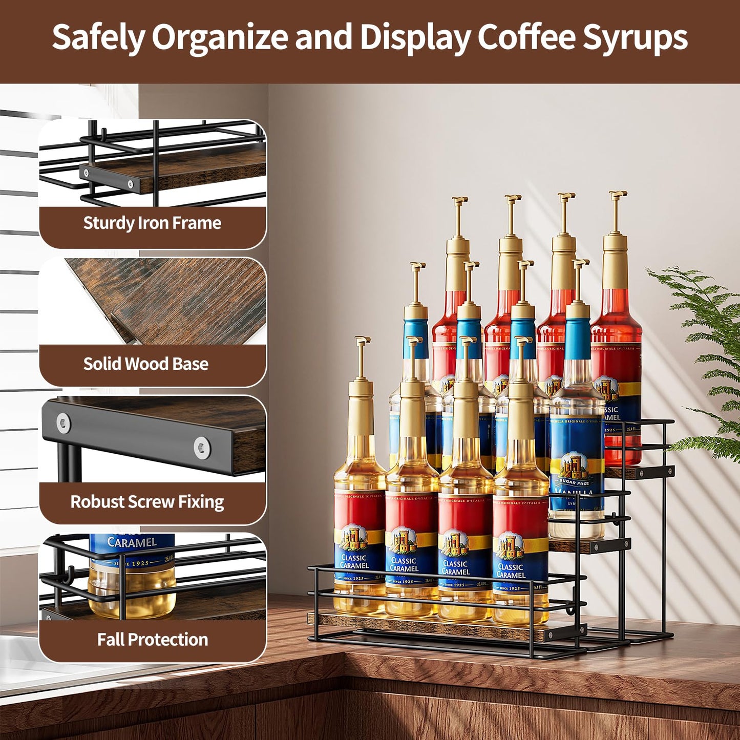 Nuovoware Coffee Syrup Organizer, 3-Tier 12 Bottles Separable Metal Rack with Wooden Base Whiskey Wine Dressing for Countertop Kitchen Bar, Black