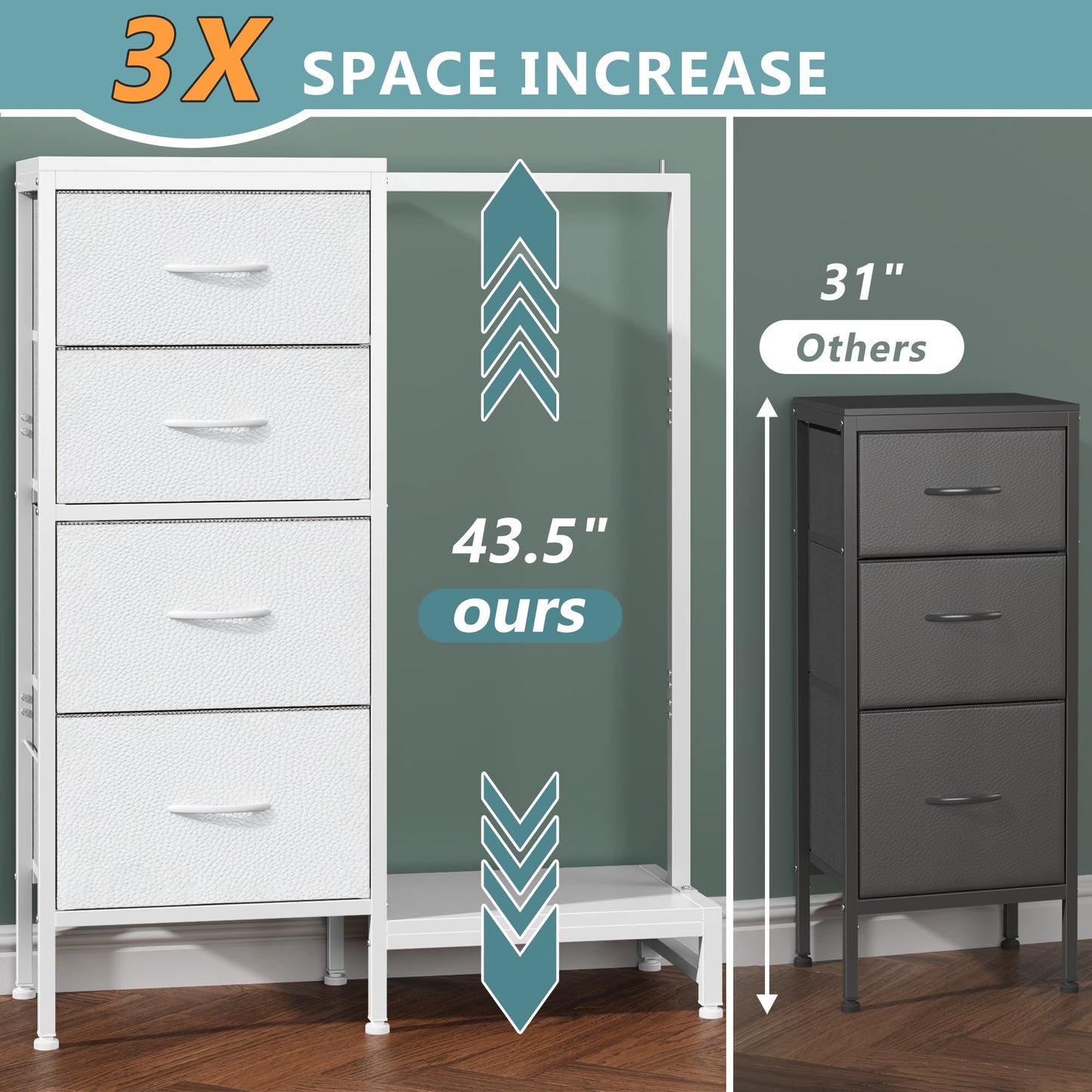 HIGDBFE Dresser with Hanging Rack, 4 Drawers Small Closet for Bedroom, Reversible Fabric Chest of Drawers with Clothes Rack, Tall Storage Tower, Sturdy Frame, White, 43.5''H