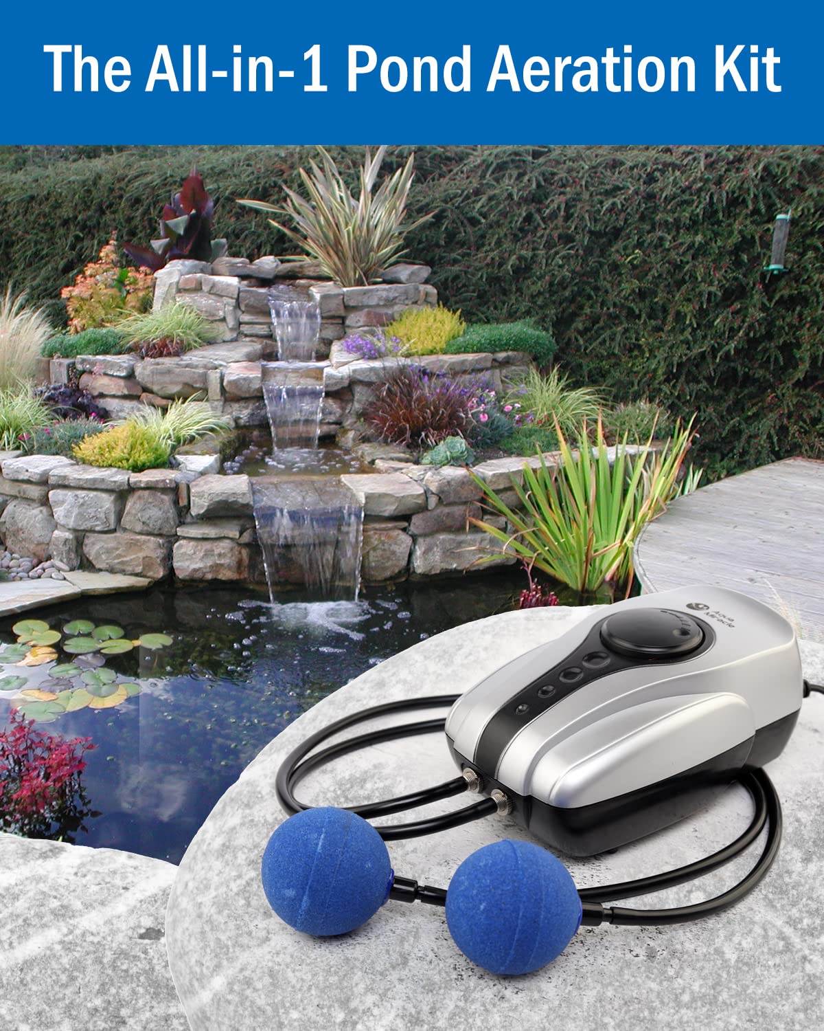 AquaMiracle All-in-One Koi Pond Aerator for Outdoor Ponds up to 1000 Gallons, Pond Air Pump Pond Aeration System with Double Outlet Airline Tubing Air Stones Check Valves