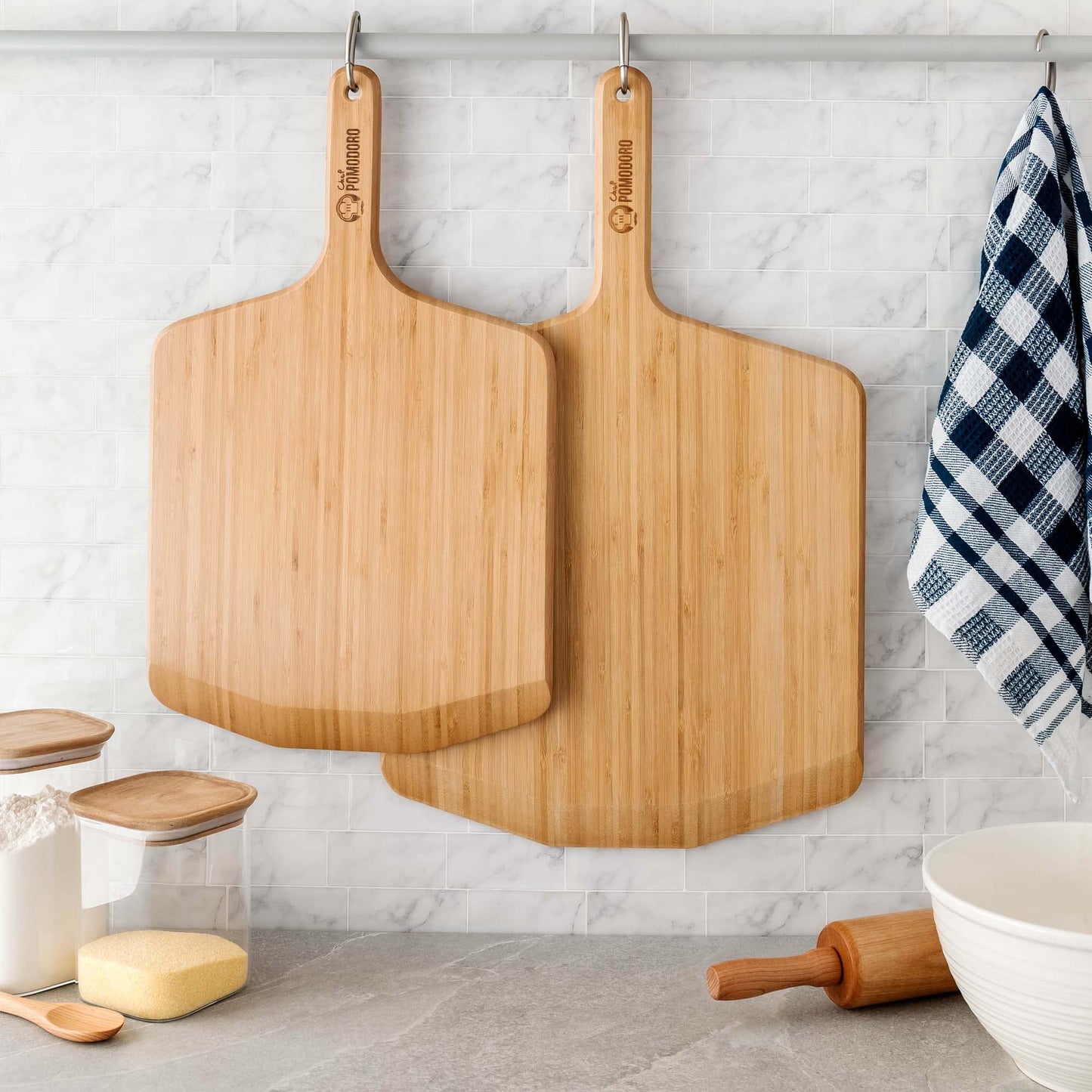 Chef Pomodoro Wooden Pizza Peel 14 inch, Homemade Wood Paddle, Board with with Handle, Indoor and Outdoor Oven Accessories, Spatula Gourmet Prep Shovel for Launching and Serving Pies and Bread