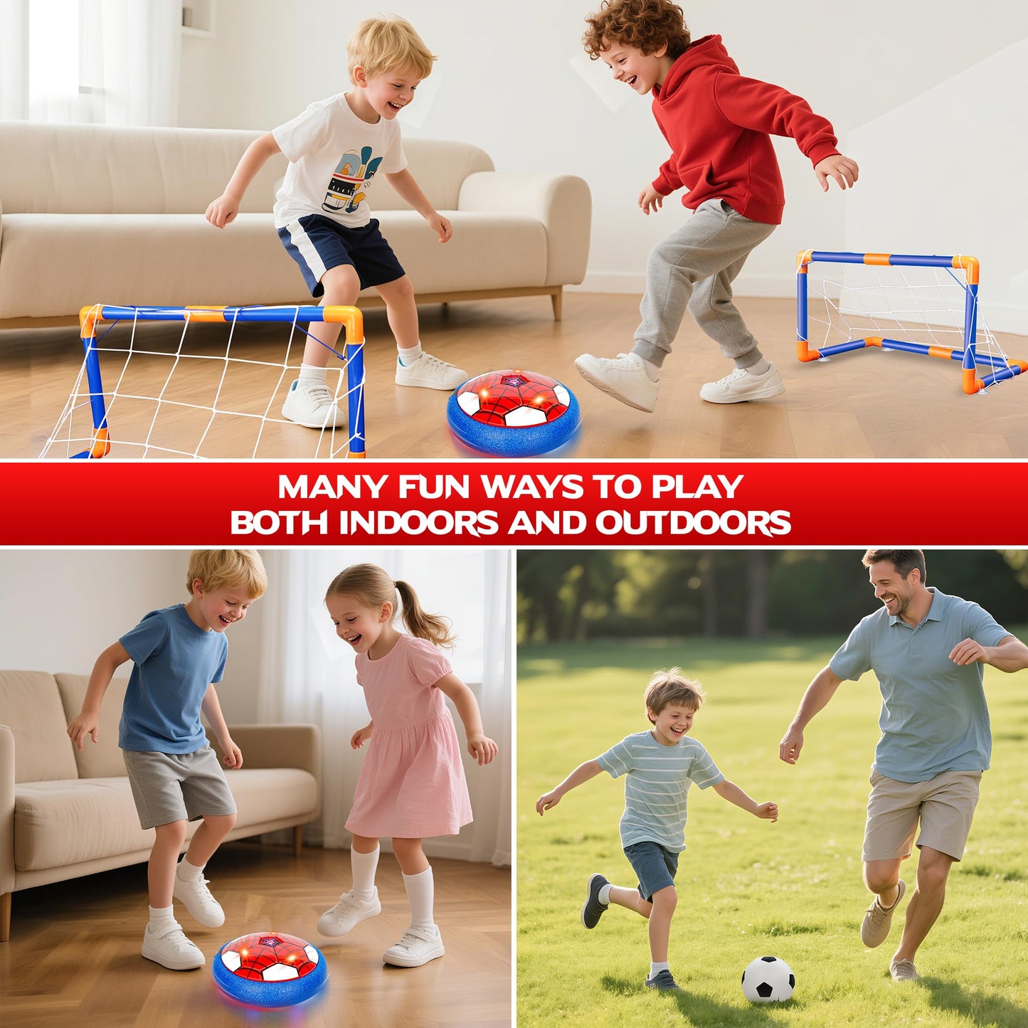 Spider Hover Soccer Balls Toys Set for Kids, 2-in-1 Rechargeable Air Floating Football Toy Ball with Led Light, Indoor Sports Games Christmas Birthday for Old Boys
