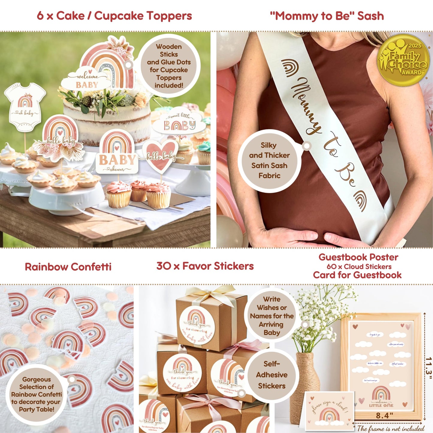 408 PC Boho Baby Shower Decorations for Girl - Backdrop, Balloon Arch Garland, Plates, Napkins, Straws, Sash, Cake Toppers, Guestbook, Confetti, Favor Stickers - Rainbow Baby Shower Decorations