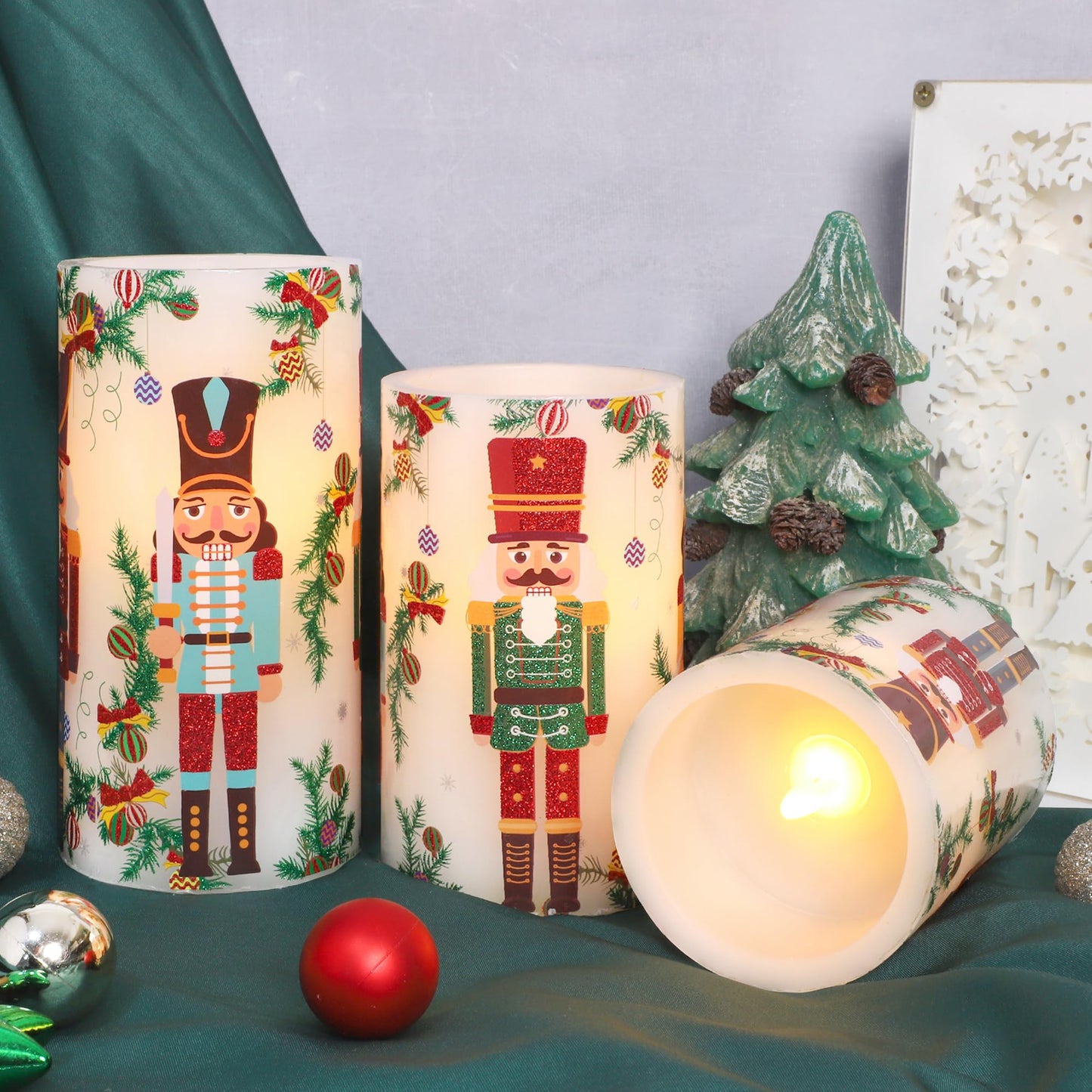 Crystal Club Christmas Flameless Candles Battery Operated, Holiday Nutcracker LED Candles with Remote, Realistic Pillar Candles for Xmas Tree, Mantel, Home Decor, Set of 3