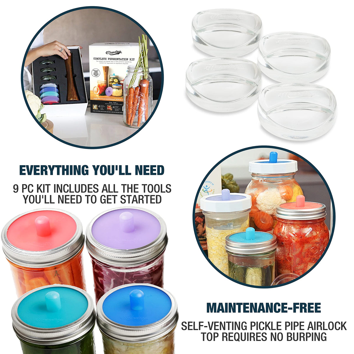 Masontops Complete Mason Jar Fermentation Kit - Pickle Kit, Sauerkraut Making Kit Kimchi Container - Fermenting Kit Fermentation Airlock Lids for Small Mouth Mason Jars, Fermentation Weights & Tamper