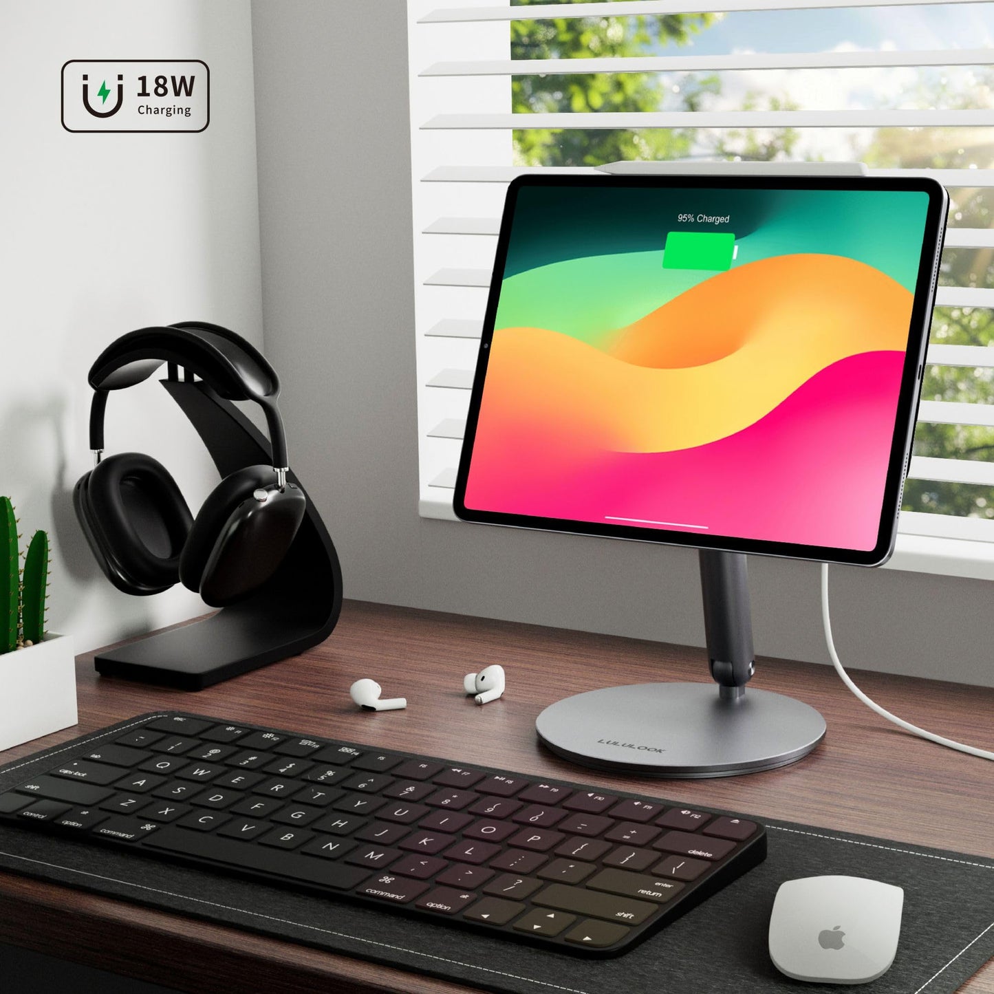 [Upgeade] LULULOOK Wireless Charging Magnetic Stand for iPad Pro 6th/5th/4th/3rd/ iPad Air 11 inch M3/M2, 360°Adjustable Foldable Aluminium Tablet Stand for Home, Kitchen, Office