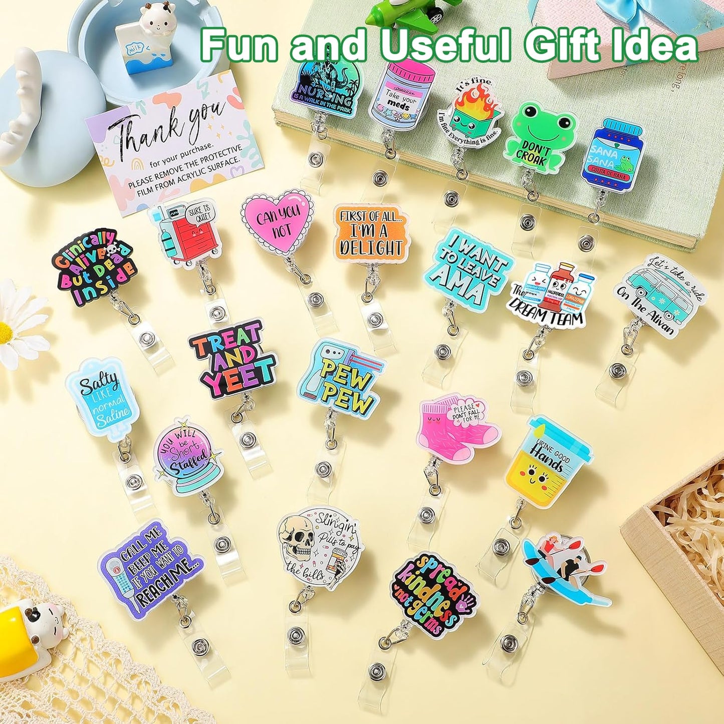 Wonninek 24 Pcs Badge Reels Bulk Clip Holder Retractable Fun Cool Name ID Badge Reel Pack for Medical Nurse Assistant Coworker Work Office Accessories Bulk Gifts