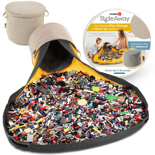 Creative QT - SlideAway Toy Storage Basket and Play Mat – Tidy with Ease, Organize Small Toys, Building Bricks, Action Figures – Large Drawstring Foldaway Play Surface - 12”x15” - Heather Beige