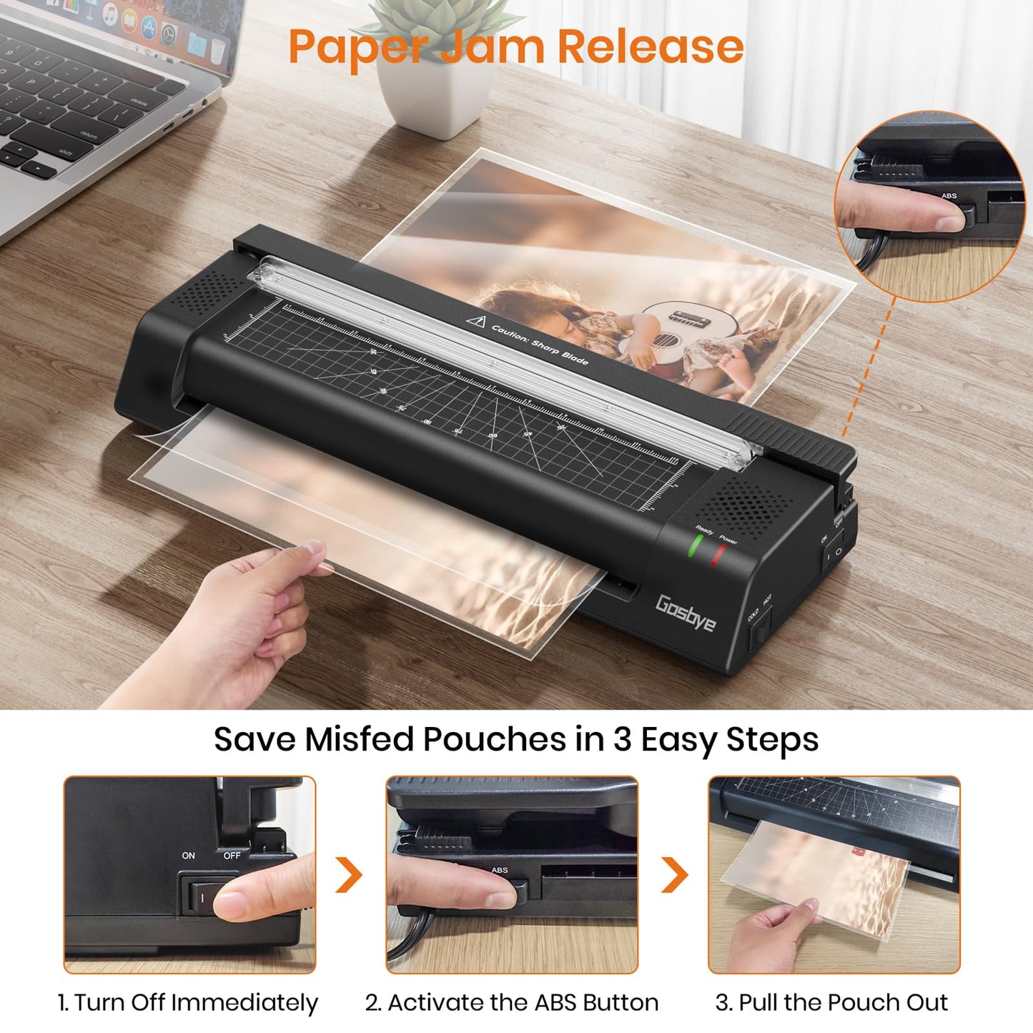 Gasbye 13-Inch Laminator Machine with Steel Paper Cutter, Thermal Cold Laminator with 13 Laminating Sheet, Corner Rounder, Jam Release Button for Home, Office, School, Teachers Use, Black