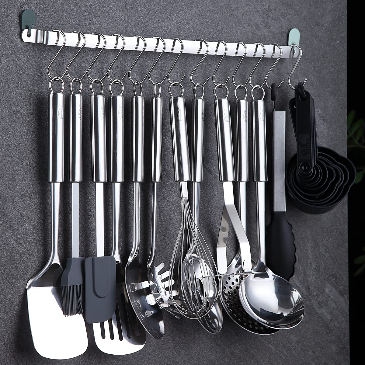 Berglander Kitchen Utensils Set 38 Pieces, Stainless Steel Cooking Utensils Set, Kitchen Gadgets Cookware, Kitchen Tool Set with Utensil Holder Rack and Hooks for Hanging Dishwasher Safe