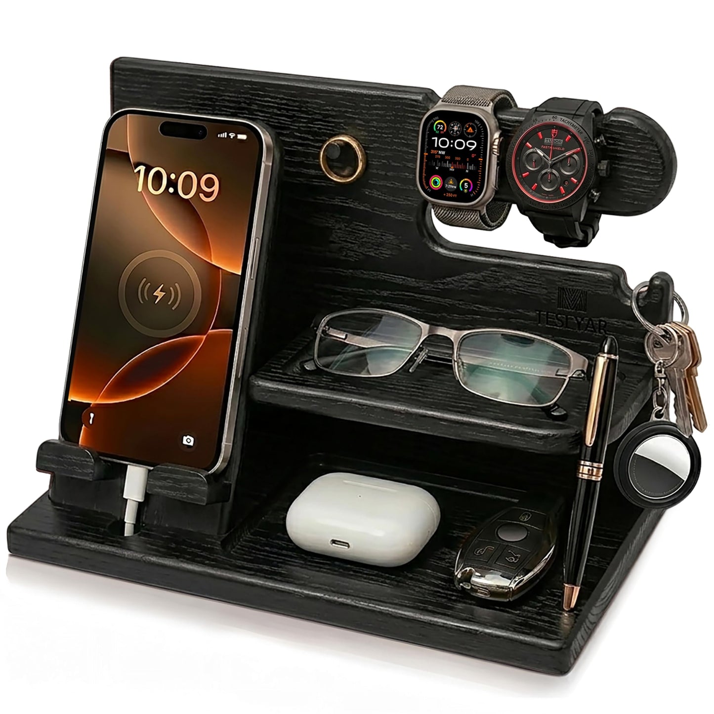 TESLYAR Wood Phone Docking Station - Gifts for Men - Desk or Nightstand Organizer - Birthday Gift for Husband, Dad - Anniversary Idea from Wife - Key Holder, Stand Wallet & Essentials (Granite Black)
