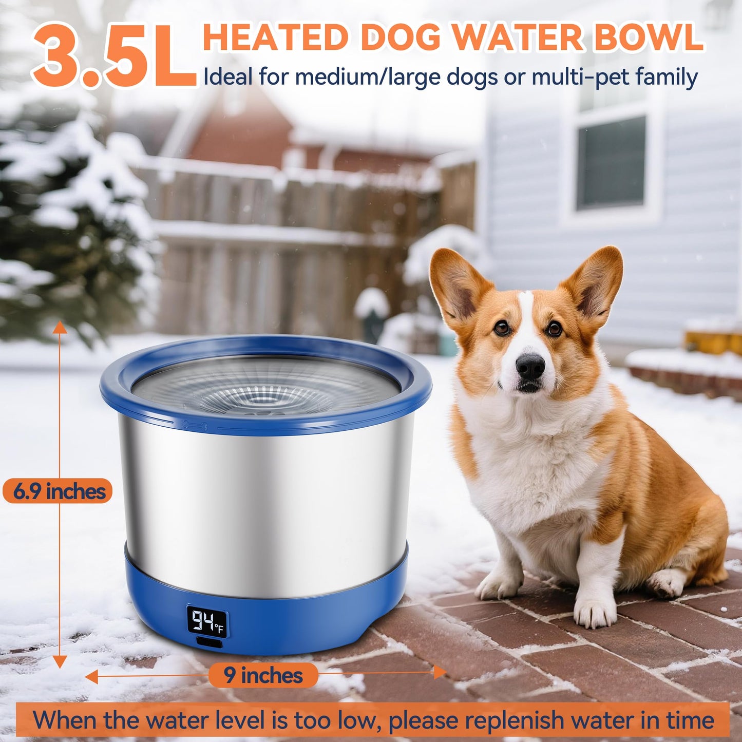 Twinsing 3.5L Heated Water Bowl, Stainless Steel Heated Dog Bowl with Digital Display and Adjustable Temperature, Outdoor Pet Water Bowl Provides Warm Water for Dogs