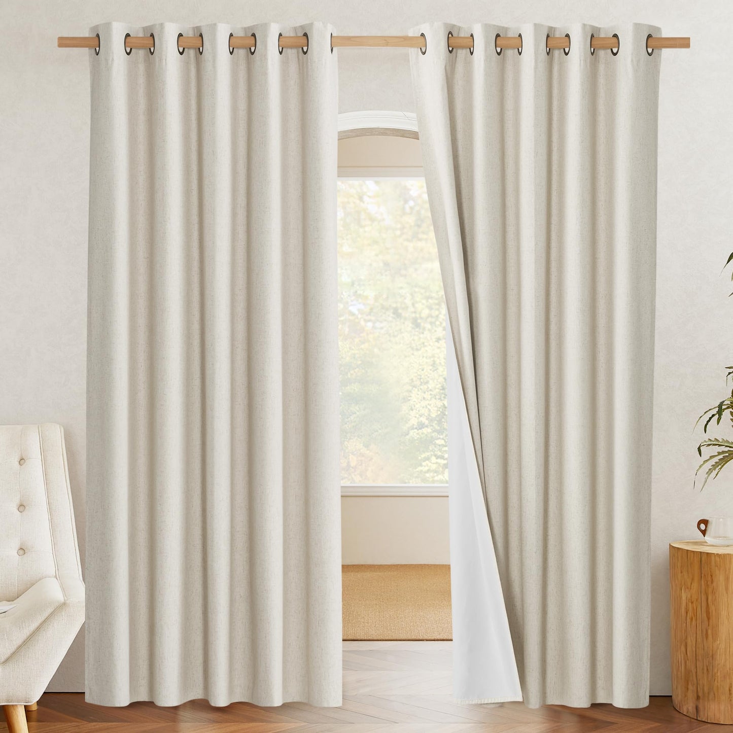 NICETOWN Natural 100% Blackout Linen Curtains 84 inch Long Burg for Living Room,1 Pair,62" Width Each Panel,Farmhouse Thick Completely Blackout Window Treatment Thermal Insulated Drapes