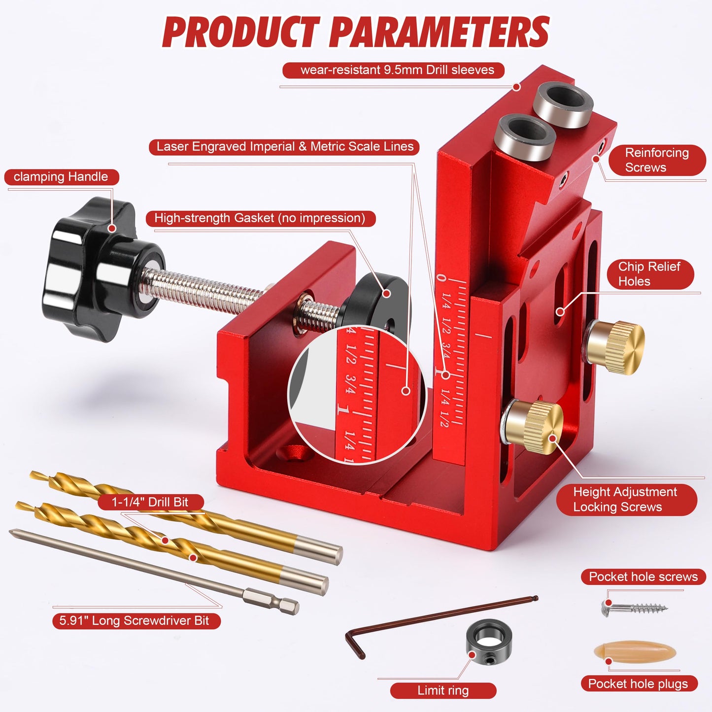 Pocket Hole Jig Kit for Beginners, Adjustable 15° Aluminum Woodworking Jig with Depth Stop & Dual-Scale Slider, Includes Drill Bit, 3-in-1 Hole Jig Kit for Cabinets, Furniture & DIY Table Leg Assembly