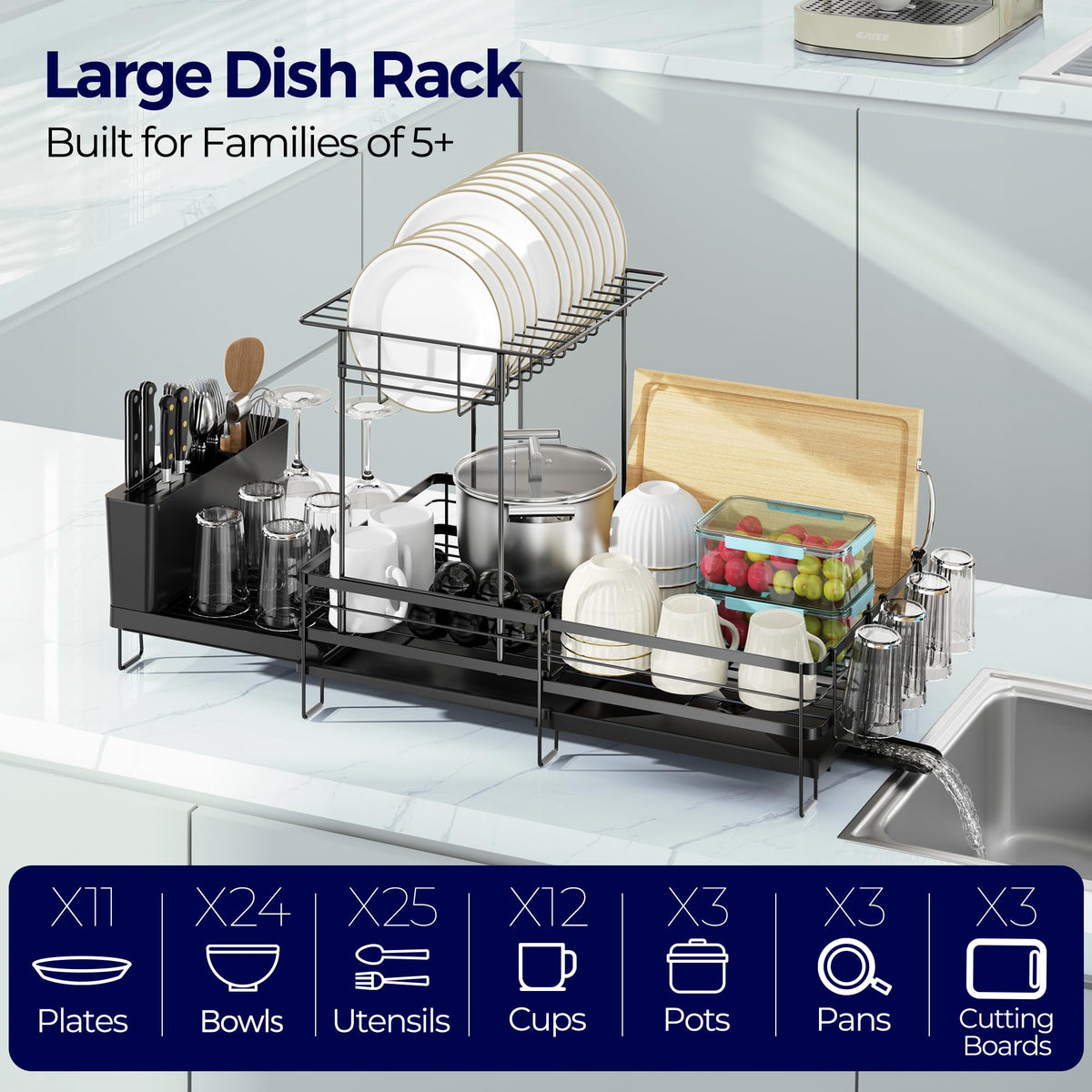 Large Dish Drying Rack, Expandable Dish Rack for Kitchen Counter, Upgraded Dish Drainer with Drainboard Set, Multifunctional Dishrack with Utensil Holder & Cup Holder, 13.4"-28.7" L x 11.8" W (2-Tier)