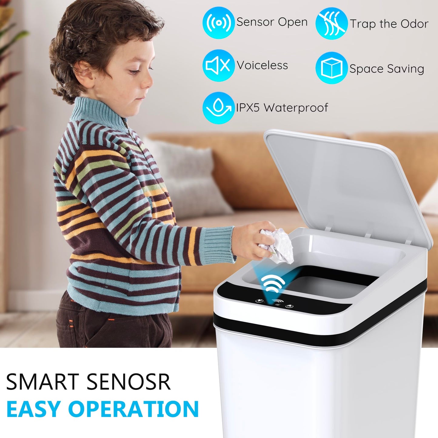 3 Pack Bathroom Trash Can with Lid Touchless Automatic Garbage Can, 2.6 Gallon Slim Waterproof Motion Sensor Smart Trash Can, Small Plastic Trash Bin for Bedroom, Office, Living Room - White