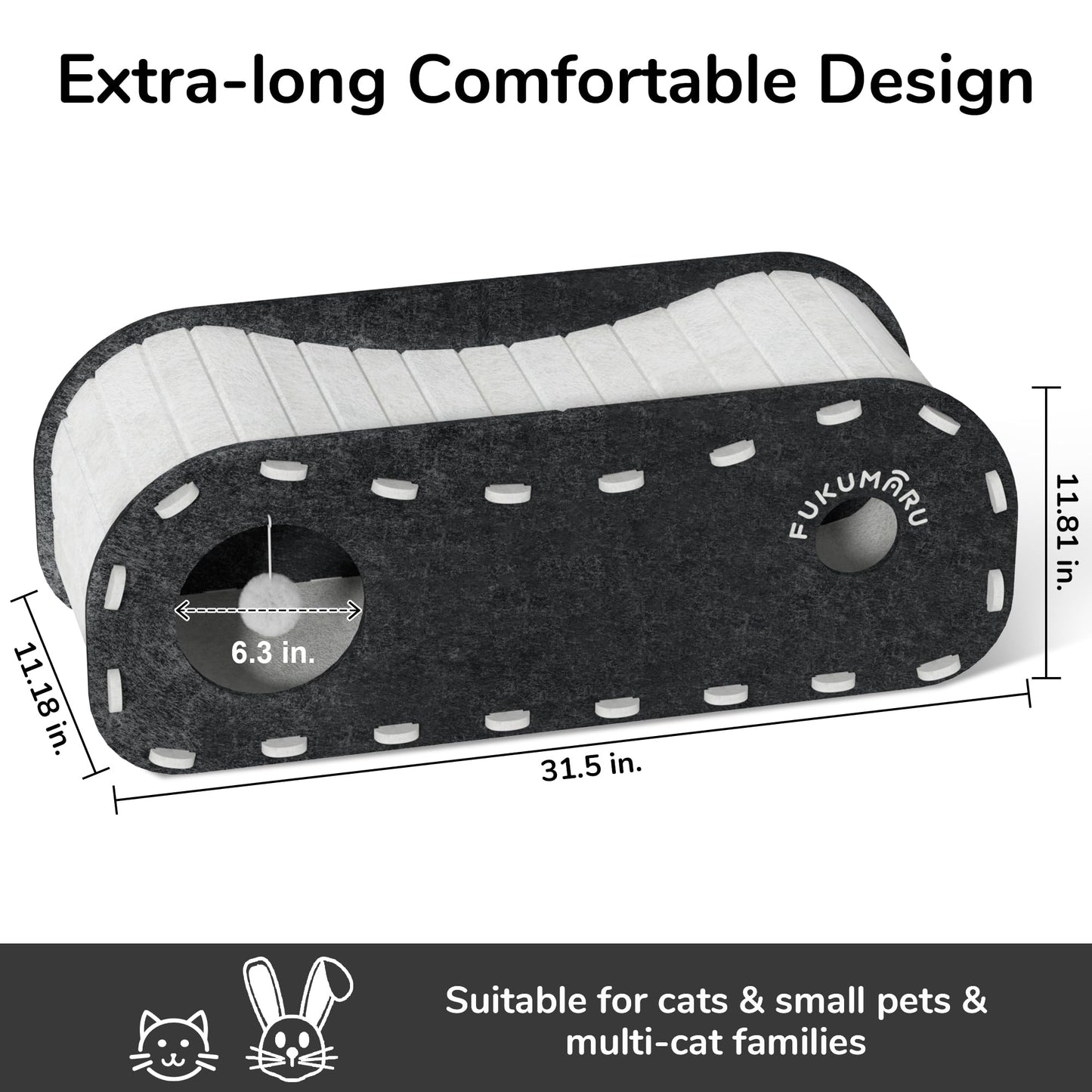 FUKUMARU Cat Beds for Indoor Cats, Large Cat Cave for Multi-Pet Up to 22Lbs, Foldable Cat House with Fluffy Ball Hanging, Scratch Resistant Felt Cat Hideaway, 31.5x11.2x11.6 inches, Black and White