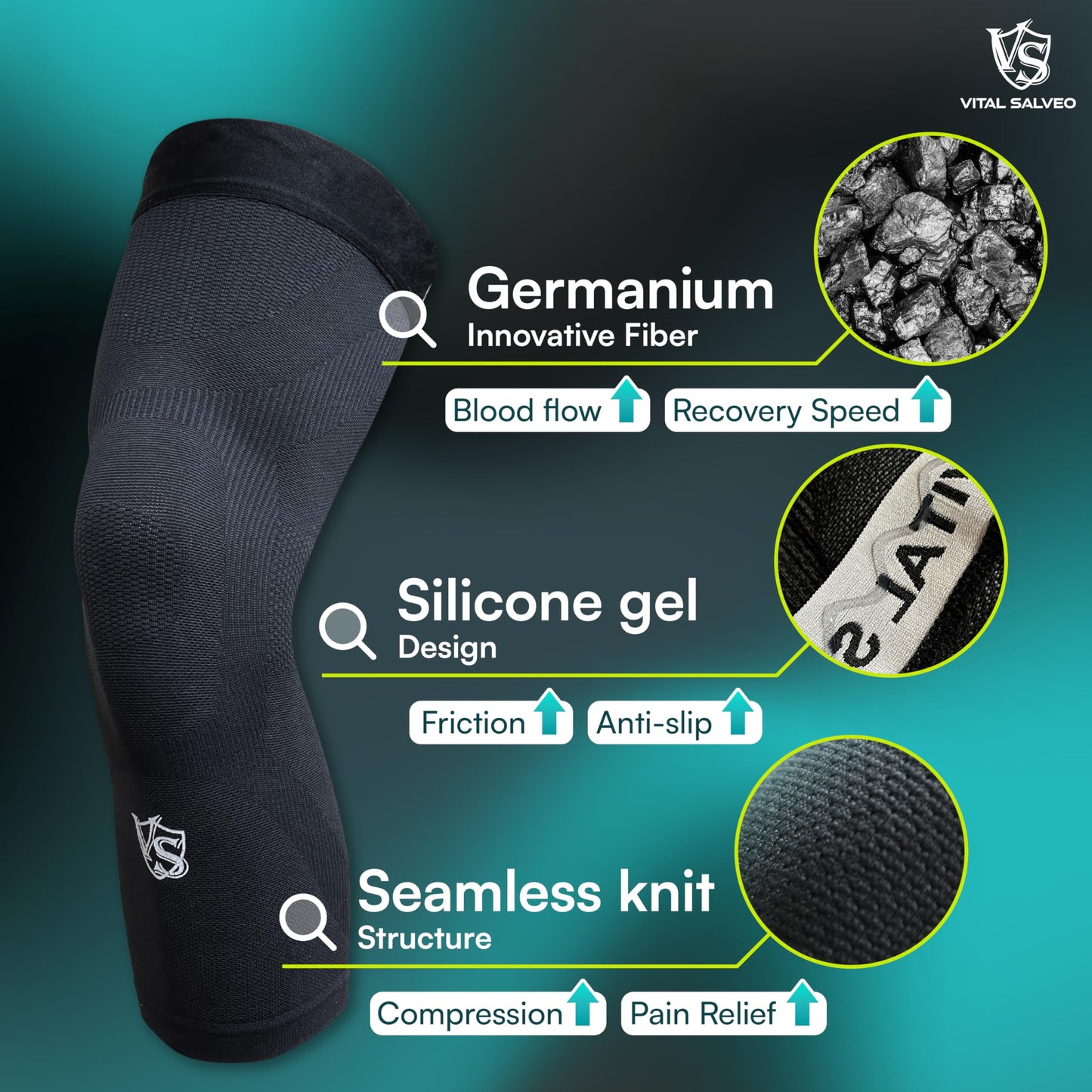 Vital Salveo-Sports and Outdoor Compression Long Knee Sleeves Support- Germanium Recovery Running, Basketball (1 Pair) XX-Large