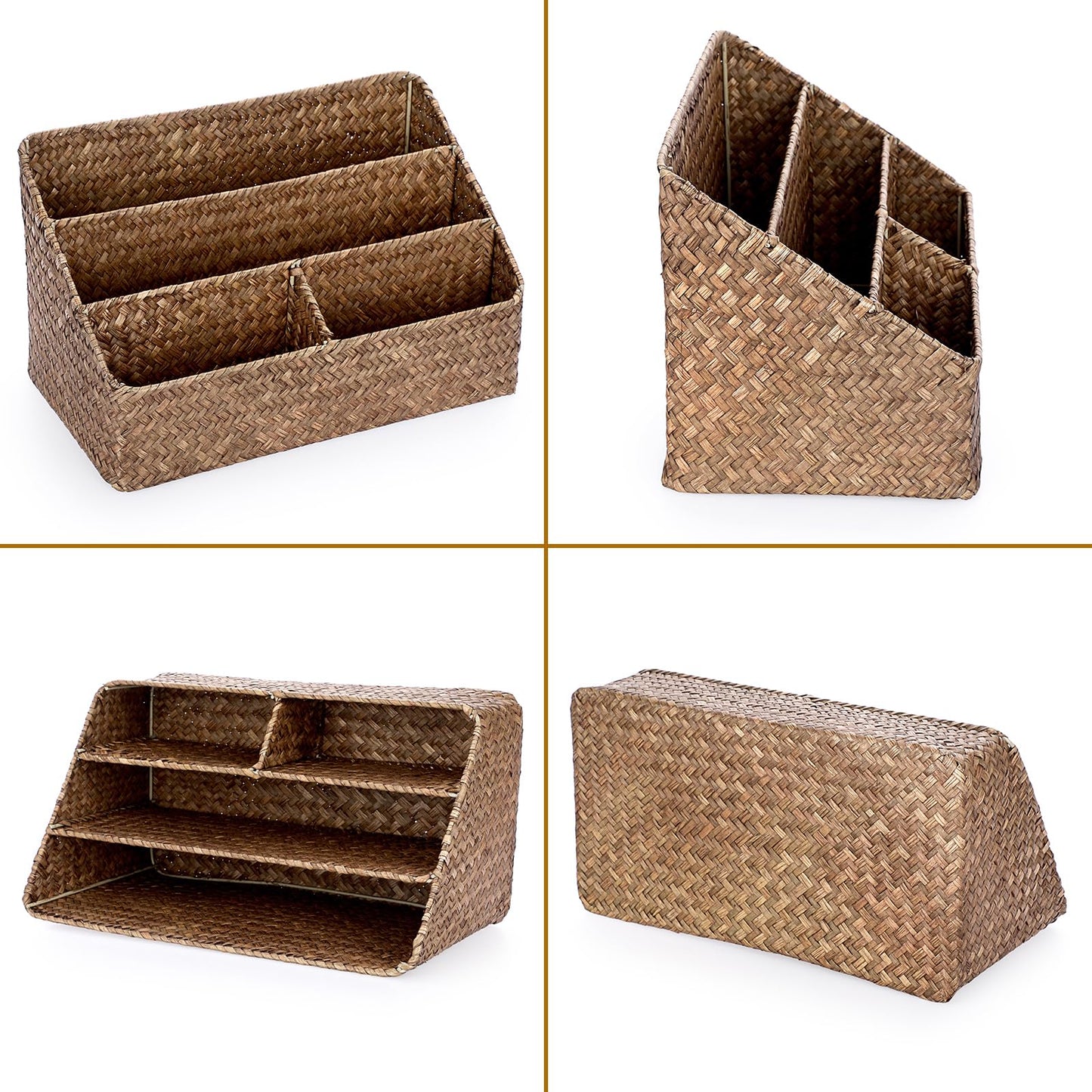 BTSKY Natural Seagrass Desk Organizer, Handmade Woven Wicker Mail Sorters with 4 compartments, Office Supply Caddy Accessories Holder Organizer for School, Home