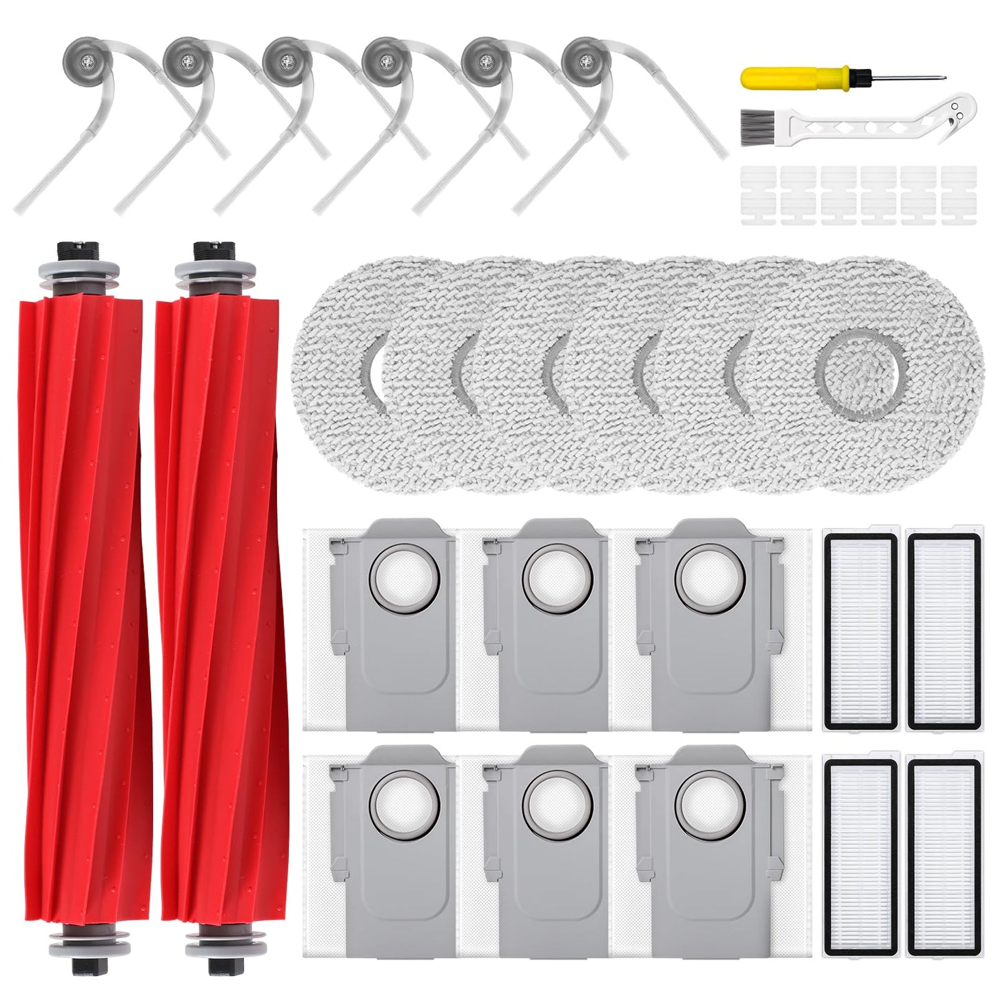 32 Pcs QV 35A Replacement Accessories Compatible with Roborock Qrevo S Pro/QV 35A / QV 35S Robot Vacuum, 2 Mainbrushes, 6 Scent Tablets, 4 HEPA Filters, 6 Dust Bags, 6 Mop Pads, 6 Side Brushes