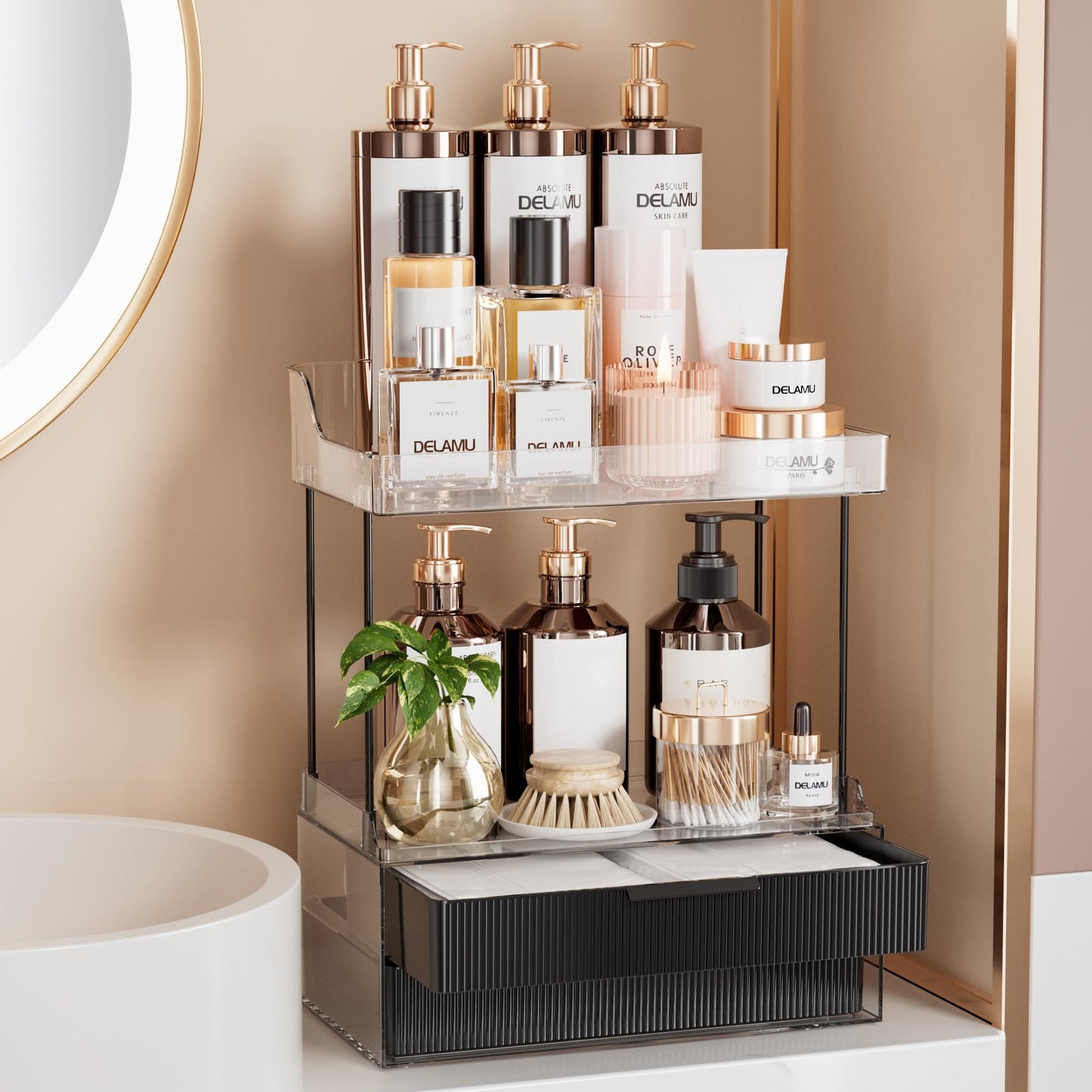 Delamu 2-Tier 2-Drawer Bathroom Counter Organizer, Multi-Purpose Makeup Organizer Countertop, Ideal for Bathroom Storage, Vanity, Large Skincare, Perfume, Present, and More, Black, 2-Drawer
