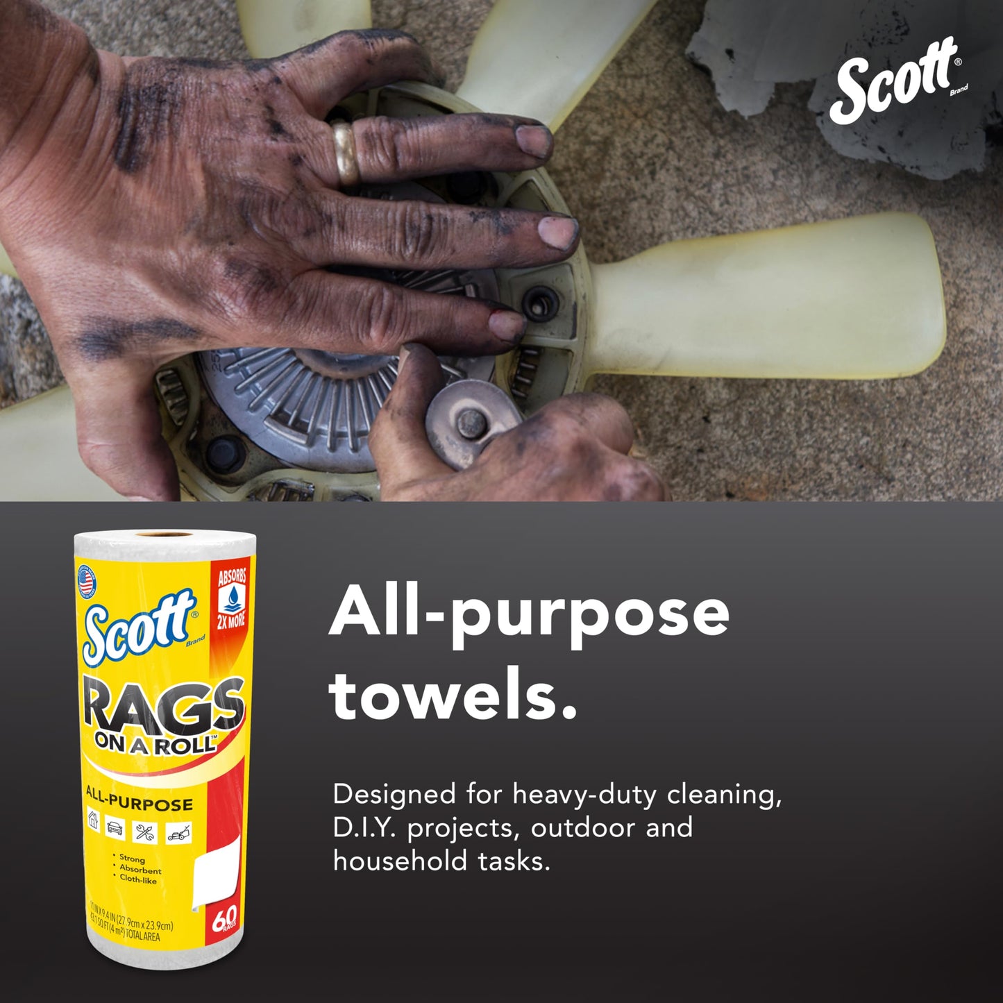 Scott® Rags On A Roll™ (54992), All-Purpose Towels, 9.4"x11" sheets (60 Towels/Roll, 12 Rolls/Case, 720 Towels/Case)
