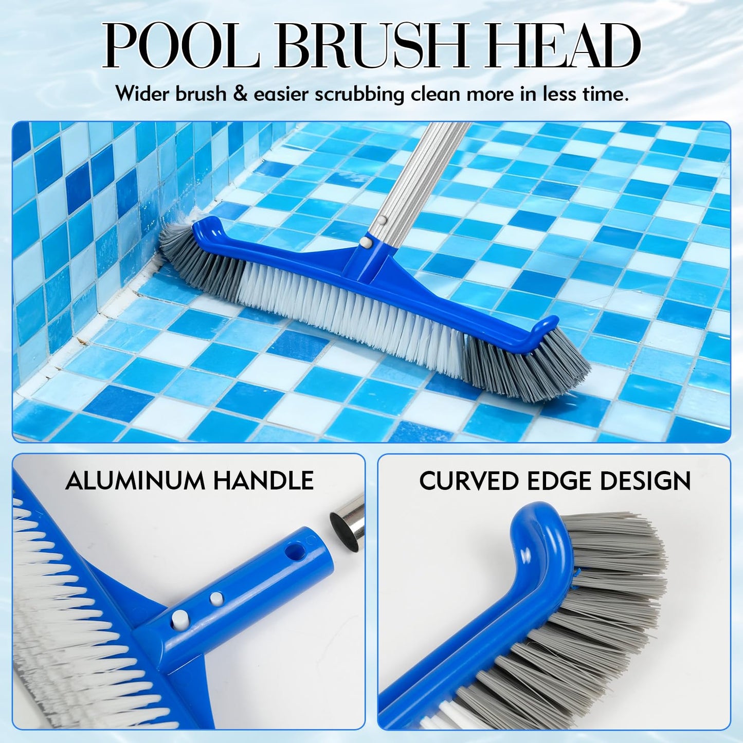 2 in 1 Cleaning Kit – 43cm Pool Skimmer Net with Deep Bag & 41cm Pool Brush Head for Cleaning, Heavy Duty Leaf Rake Skimmer Net for Removing Leaves & Debris, Fits Standard Pool Pole