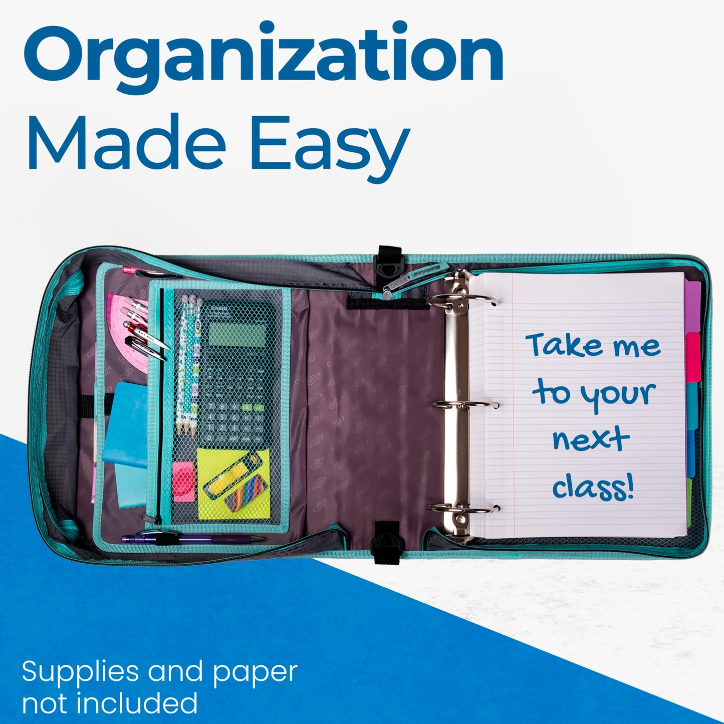 Case-it The Mighty Zip Tab Zipper Binder - 3 Inch O-Rings - 5 Color Tab Expanding File Folder - Multiple Pockets - 600 Sheet Capacity - Comes with Shoulder Strap - Aqua Iridescent Pastel D-146-P