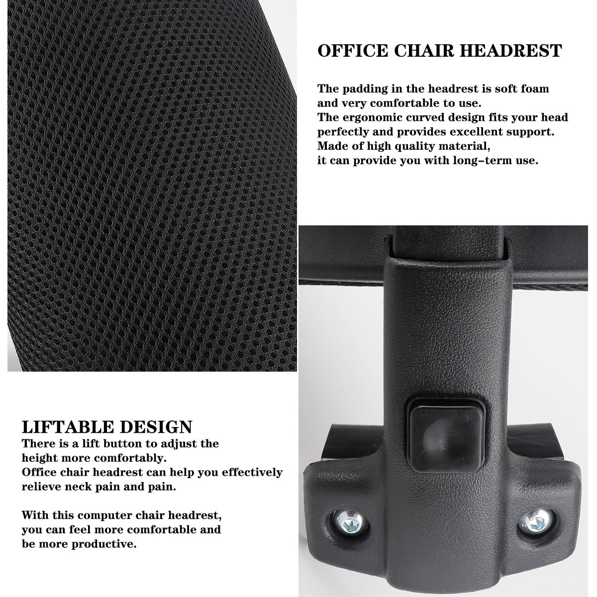 LNQ LUNIQI Office Chair Headrest Attachment Head Support Cushion Mesh Head Rest Black Mesh Frame Adjustable Height Angle for Ergonomic Office Chair（Black）