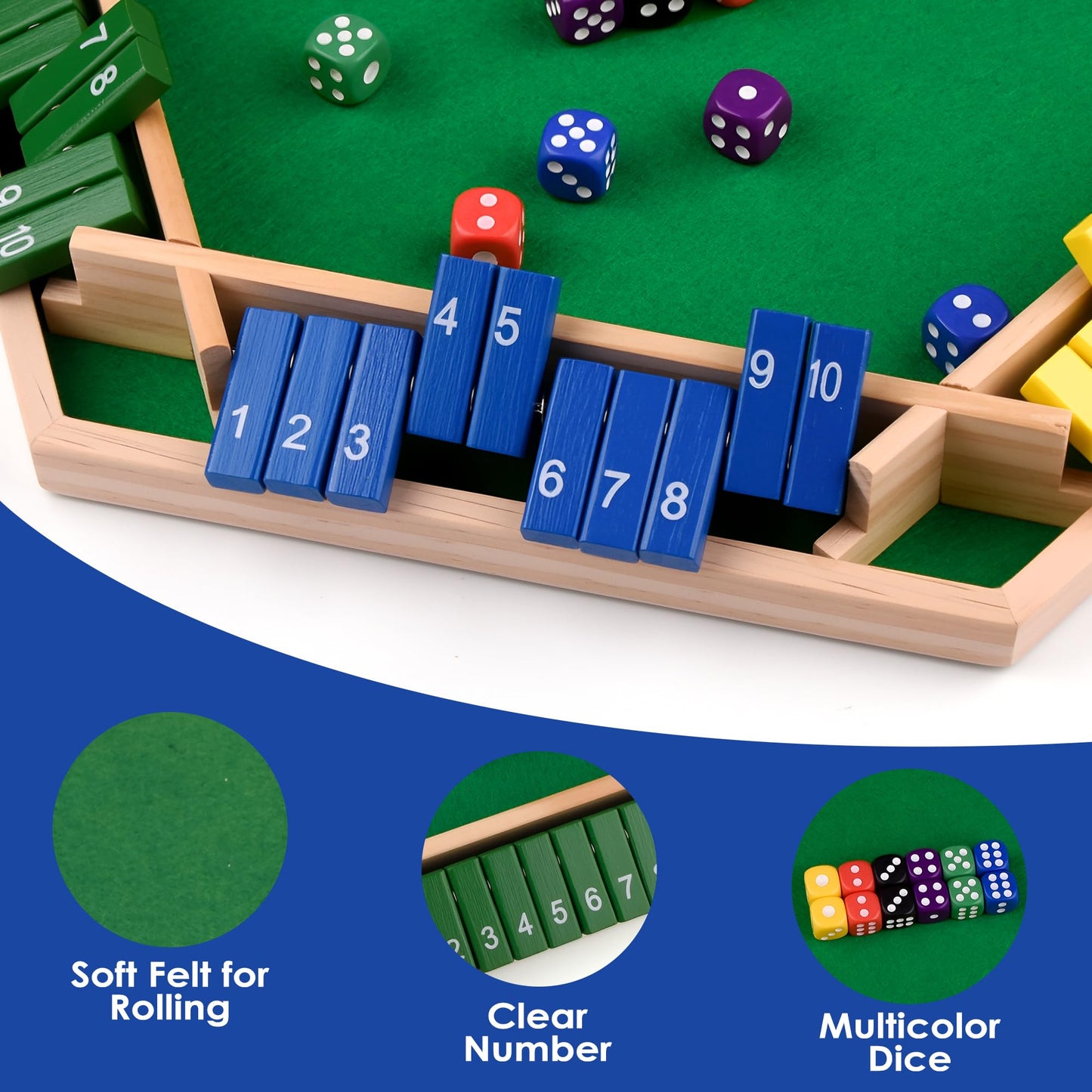 Kiapeak 1-6 Players Shut The Box Dice Game, 10 Numbers Traditional Wooden Pub Bar Board Gam for Classroom, Party, or Pub