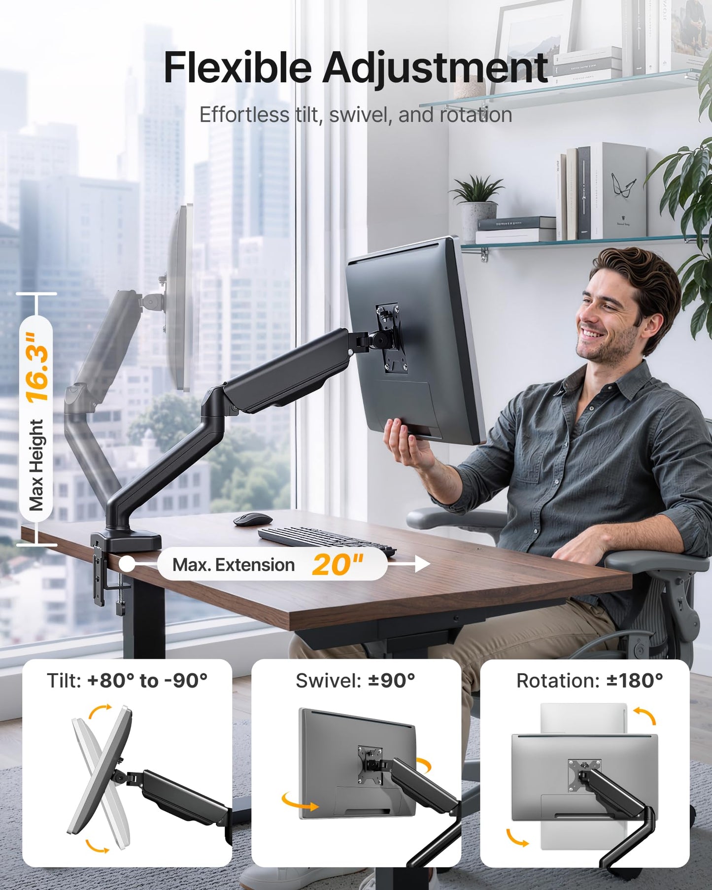 monTEK Heavy Duty Single Monitor Arm with USB/Audio Ports for 17-32” Screens, Premium Mechanical Spring Monitor Arm up to 19.8 lbs, Full Motion Monitor Desk Mount, VESA 75/100 mm, Clamp/Grommet